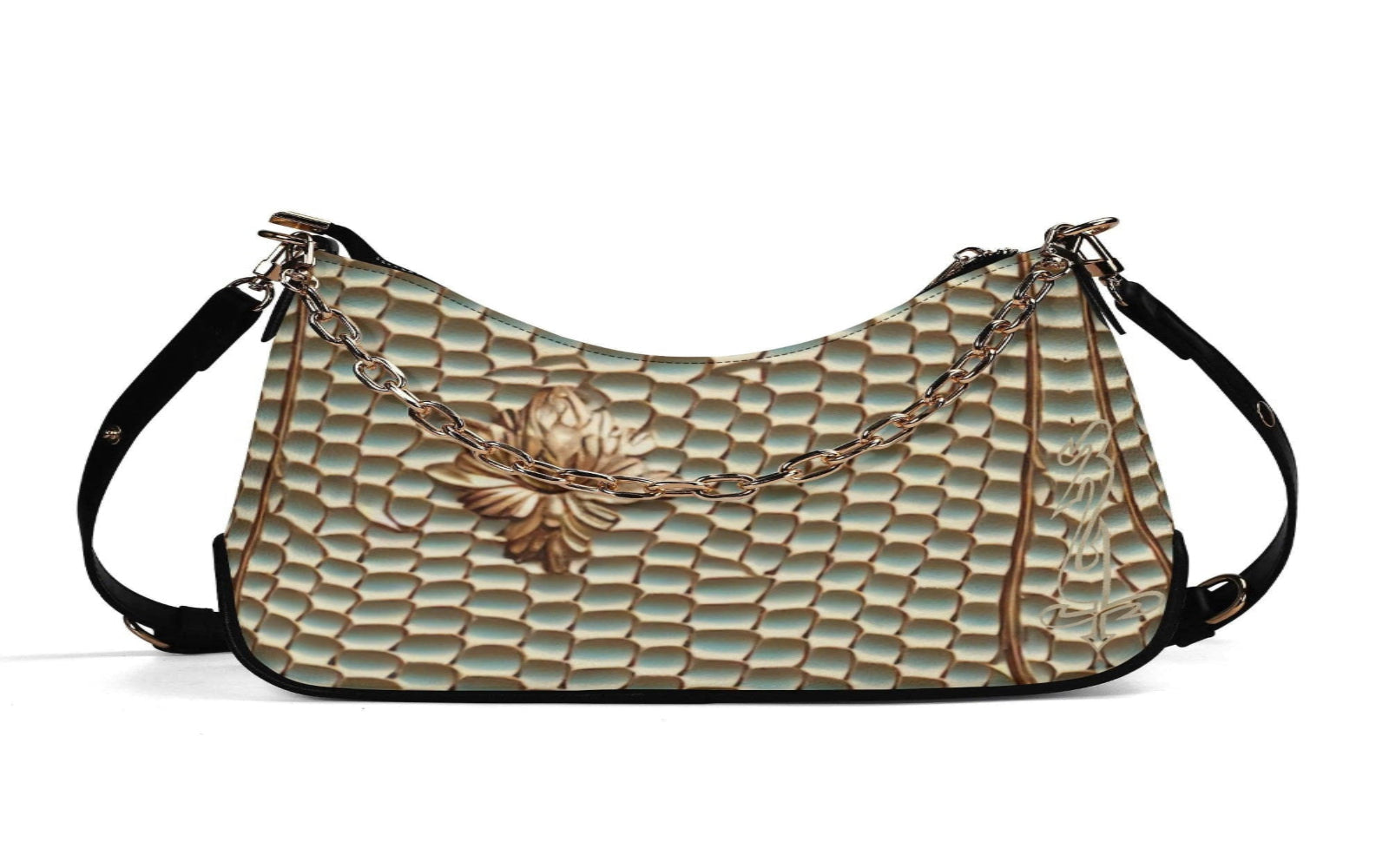 A gray PU leather shoulder bag with chic chain decorations and an adjustable black strap.