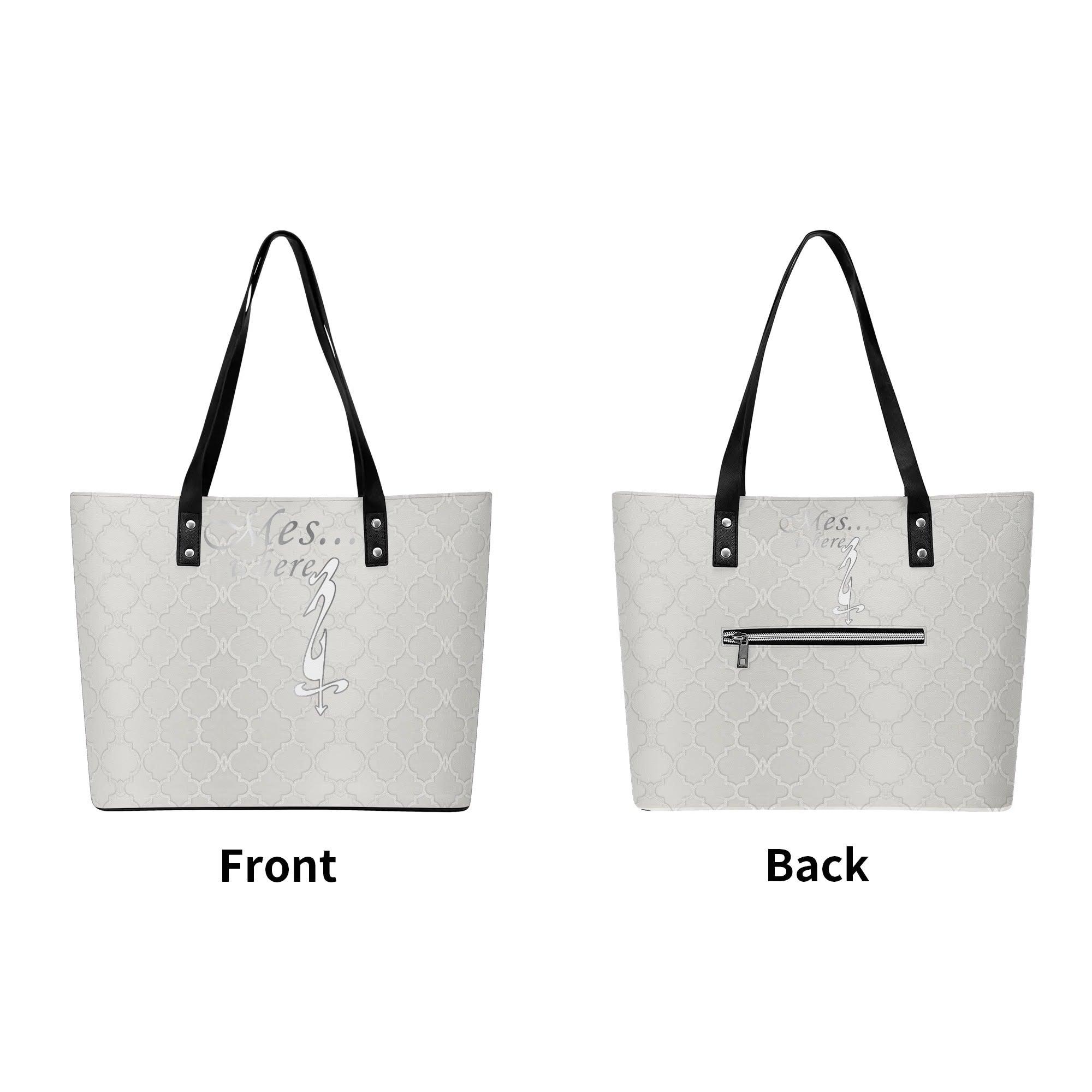 Women's Leather Tote Bag with Front Zipper Pocket - MES...Where