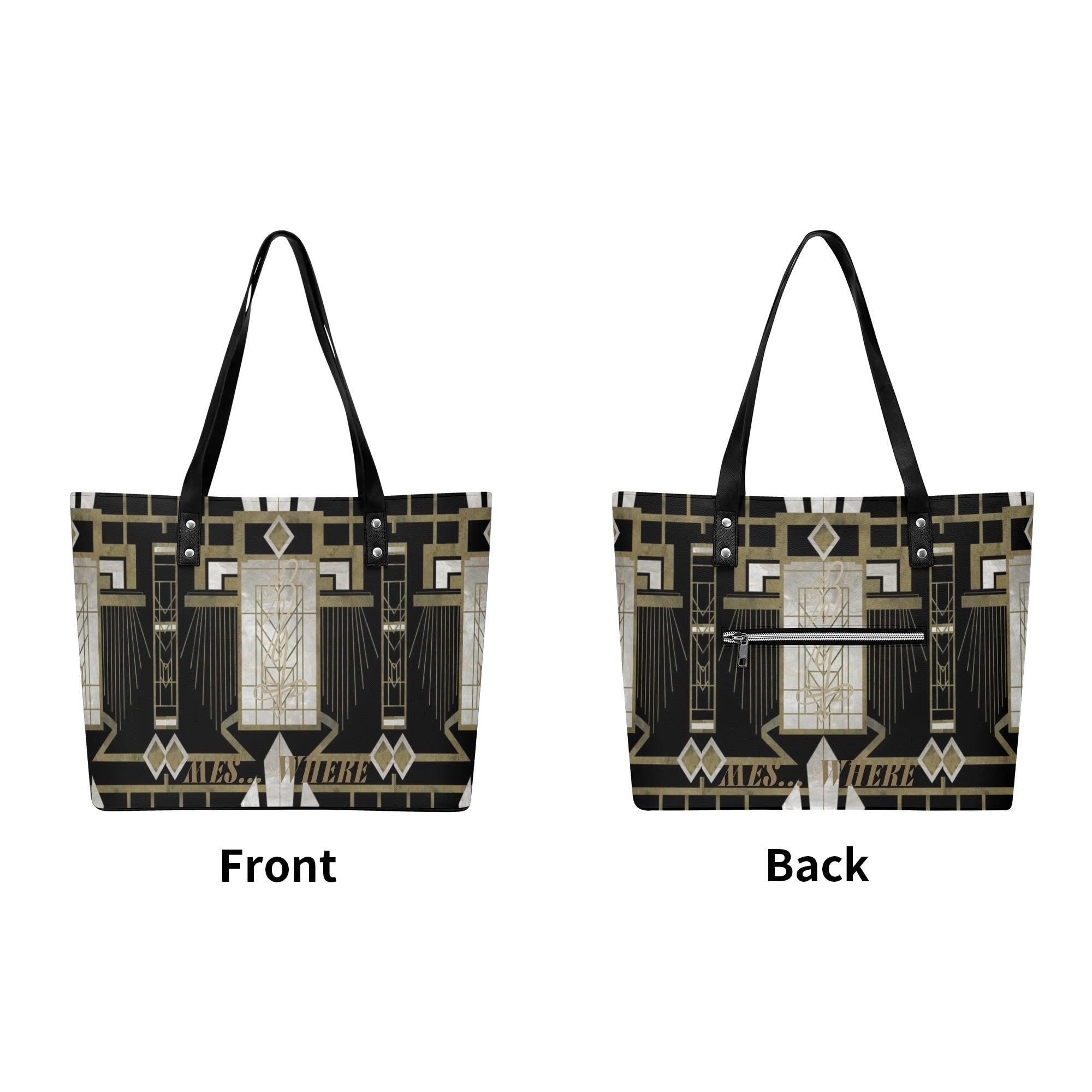 Women's Leather Tote Bag with Front Zipper Pocket - MES...Where