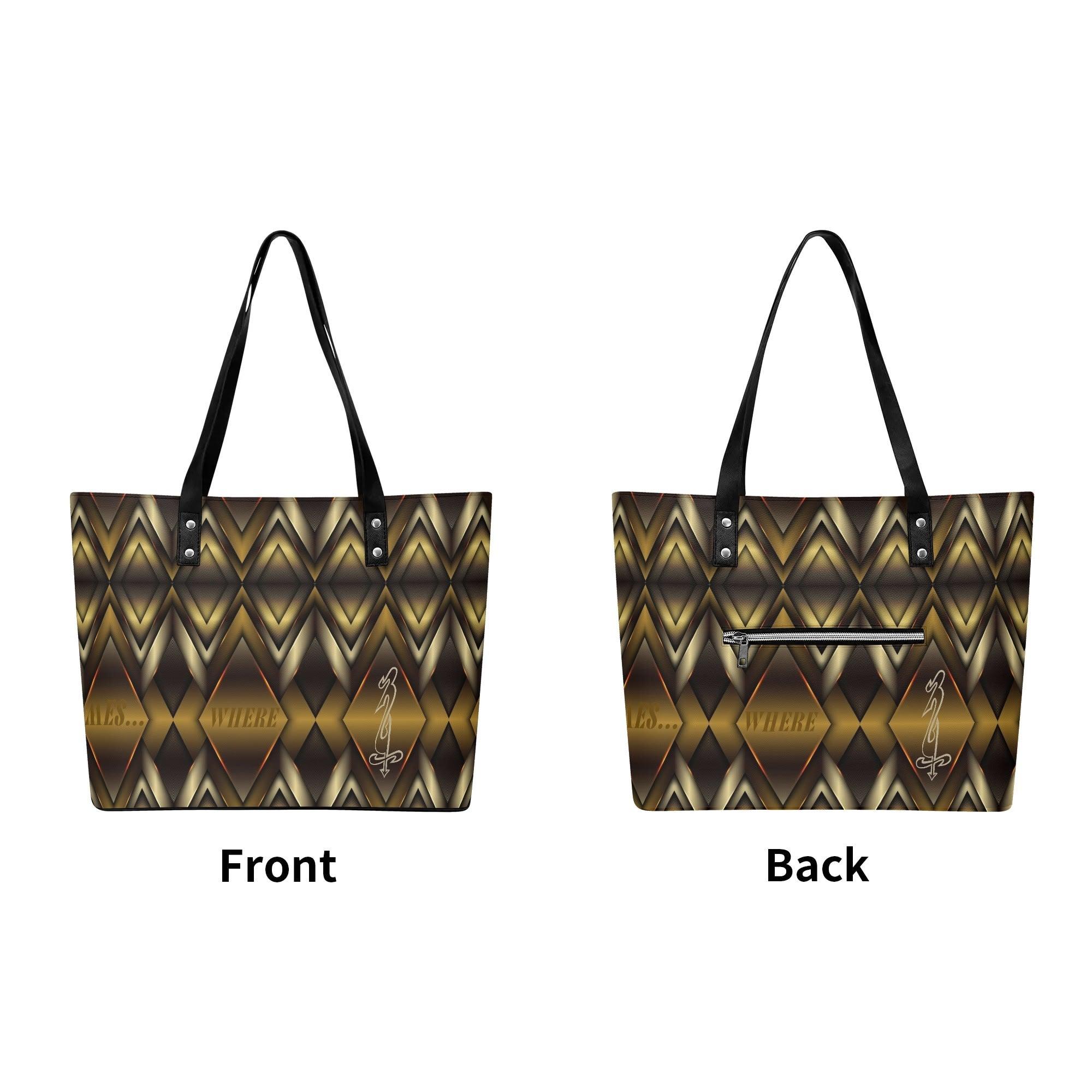 Women's Leather Tote Bag with Front Zipper Pocket - MES...Where