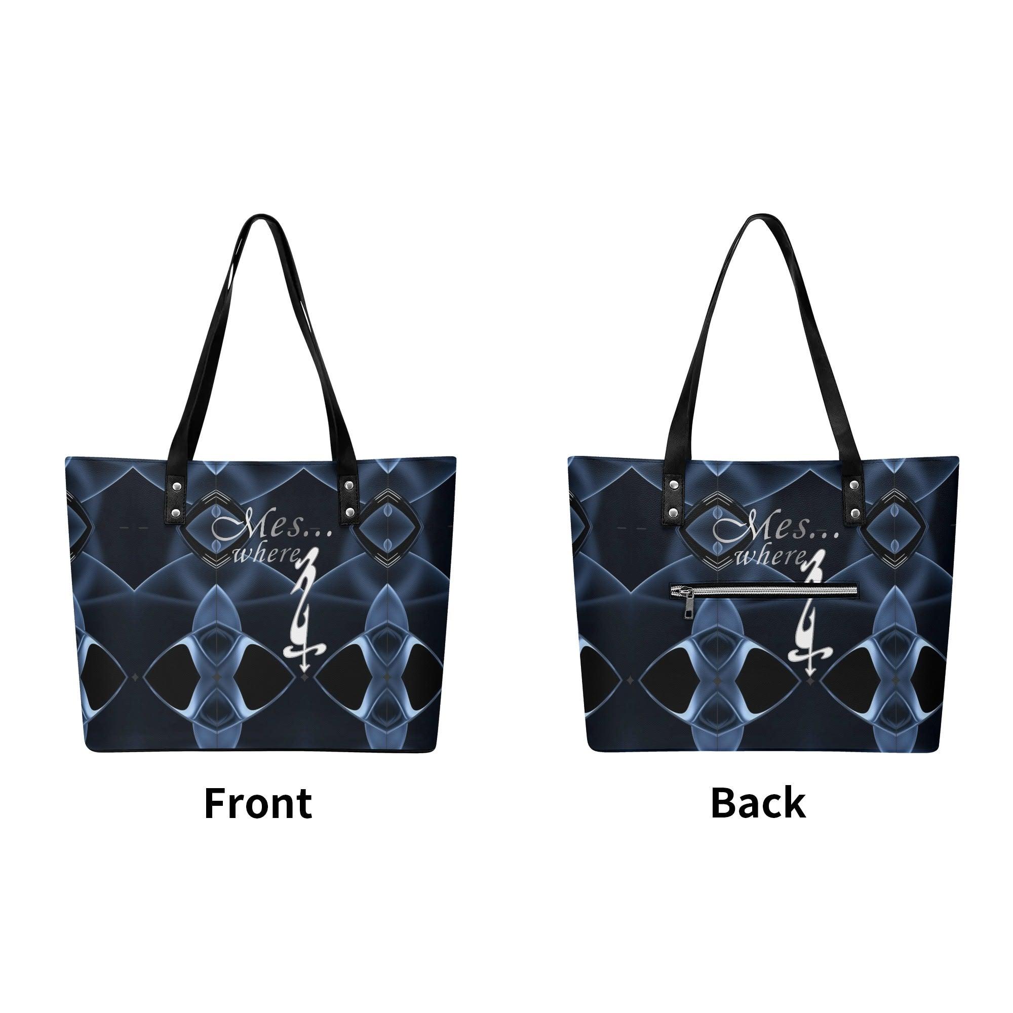 Women's Leather Tote Bag with Front Zipper Pocket - MES...Where