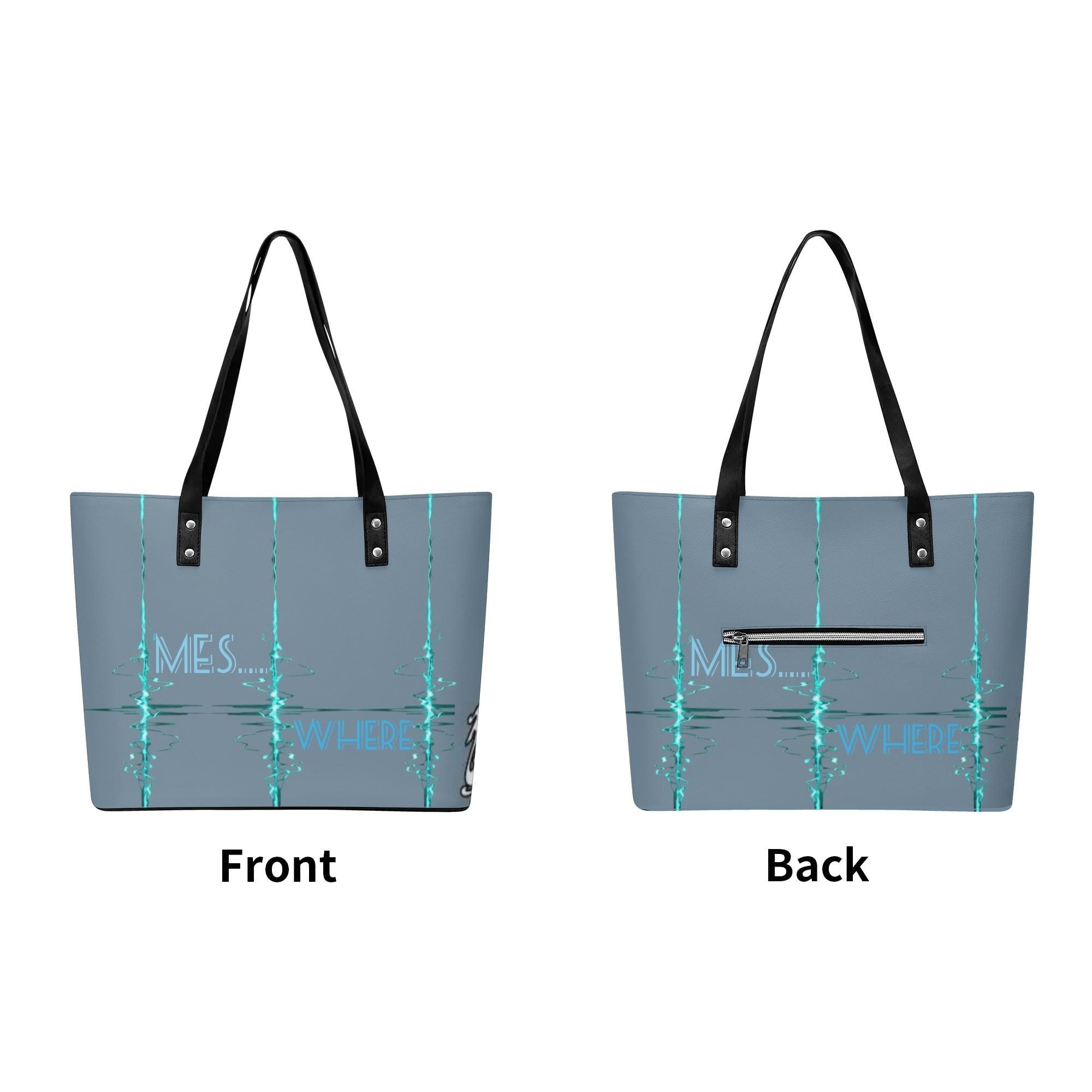 Women's Leather Tote Bag with Front Zipper Pocket - MES...Where