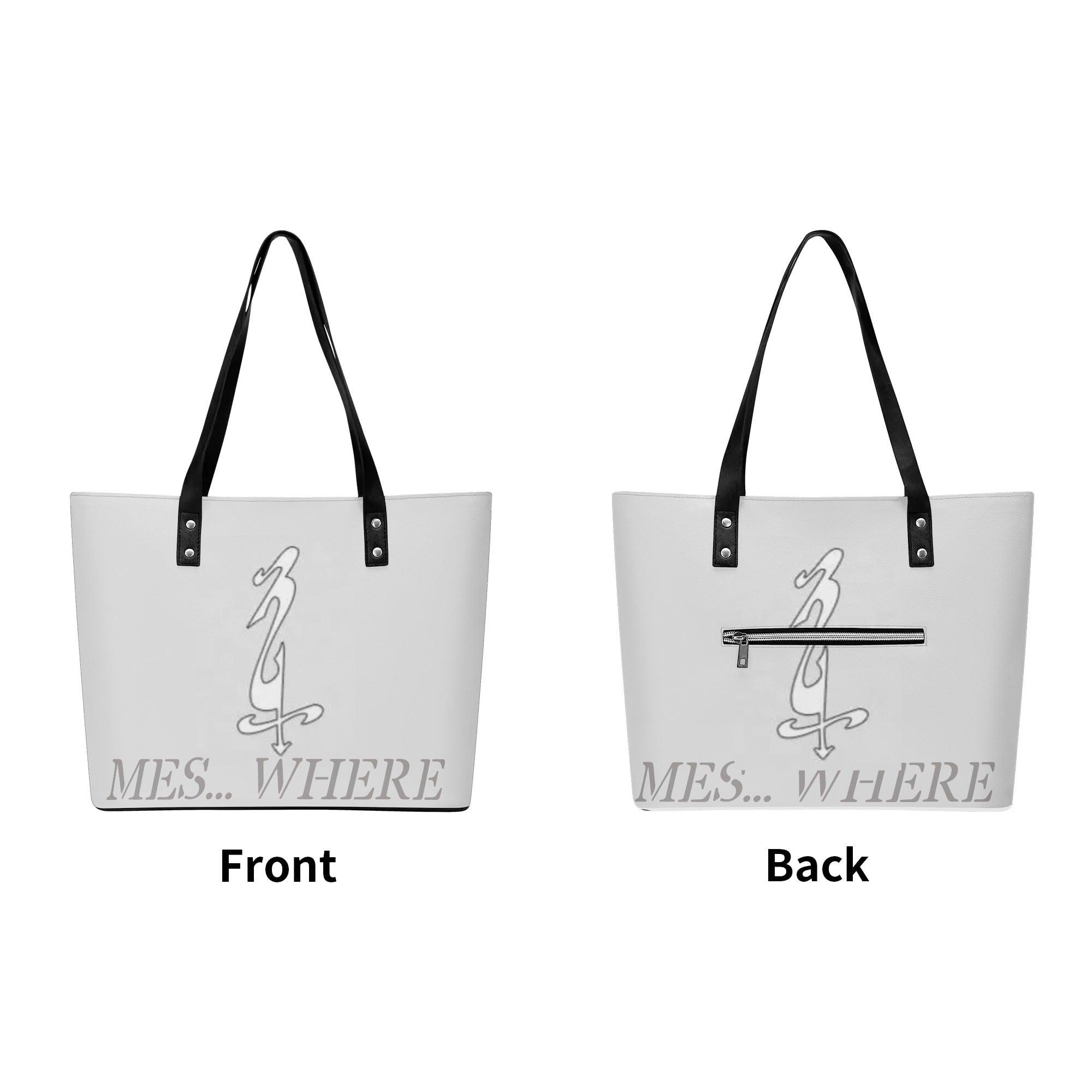 Women's Leather Tote Bag with Front Zipper Pocket - MES...Where