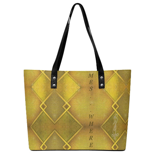 A yellow and green geometric patterned tote bag with black straps and a front zipper pocket.