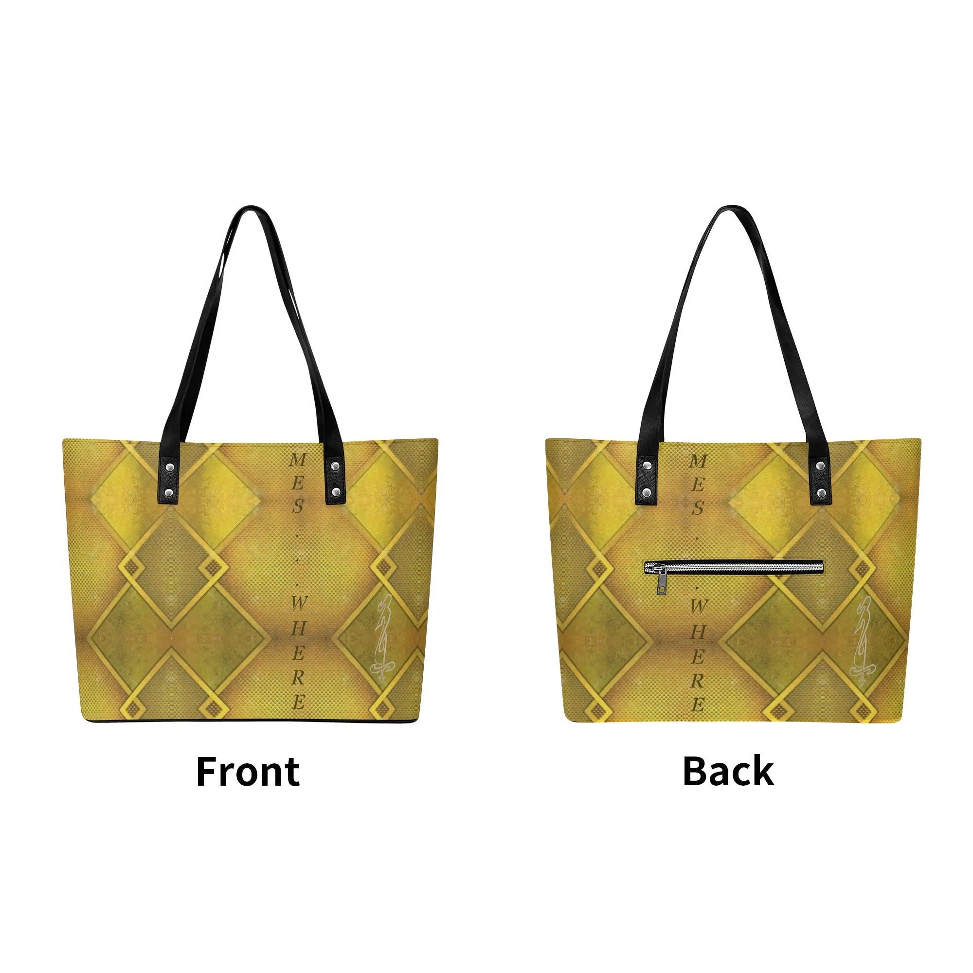 Women's Leather Tote Bag with Front Zipper Pocket - MES...Where