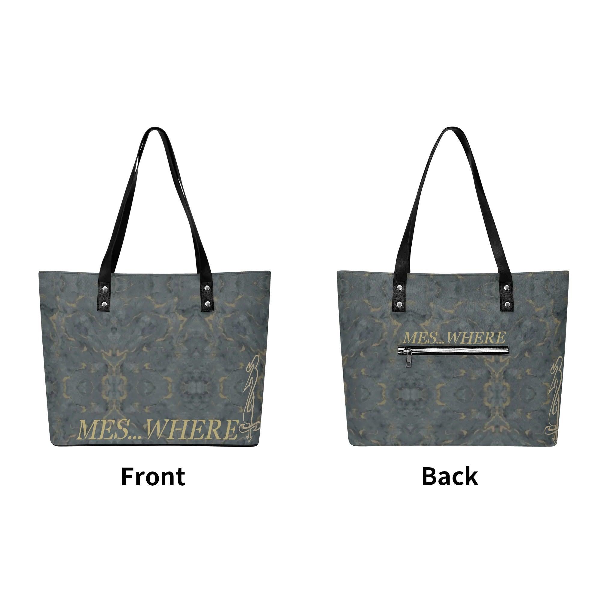 Women's Leather Tote Bag with Front Zipper Pocket - MES...Where