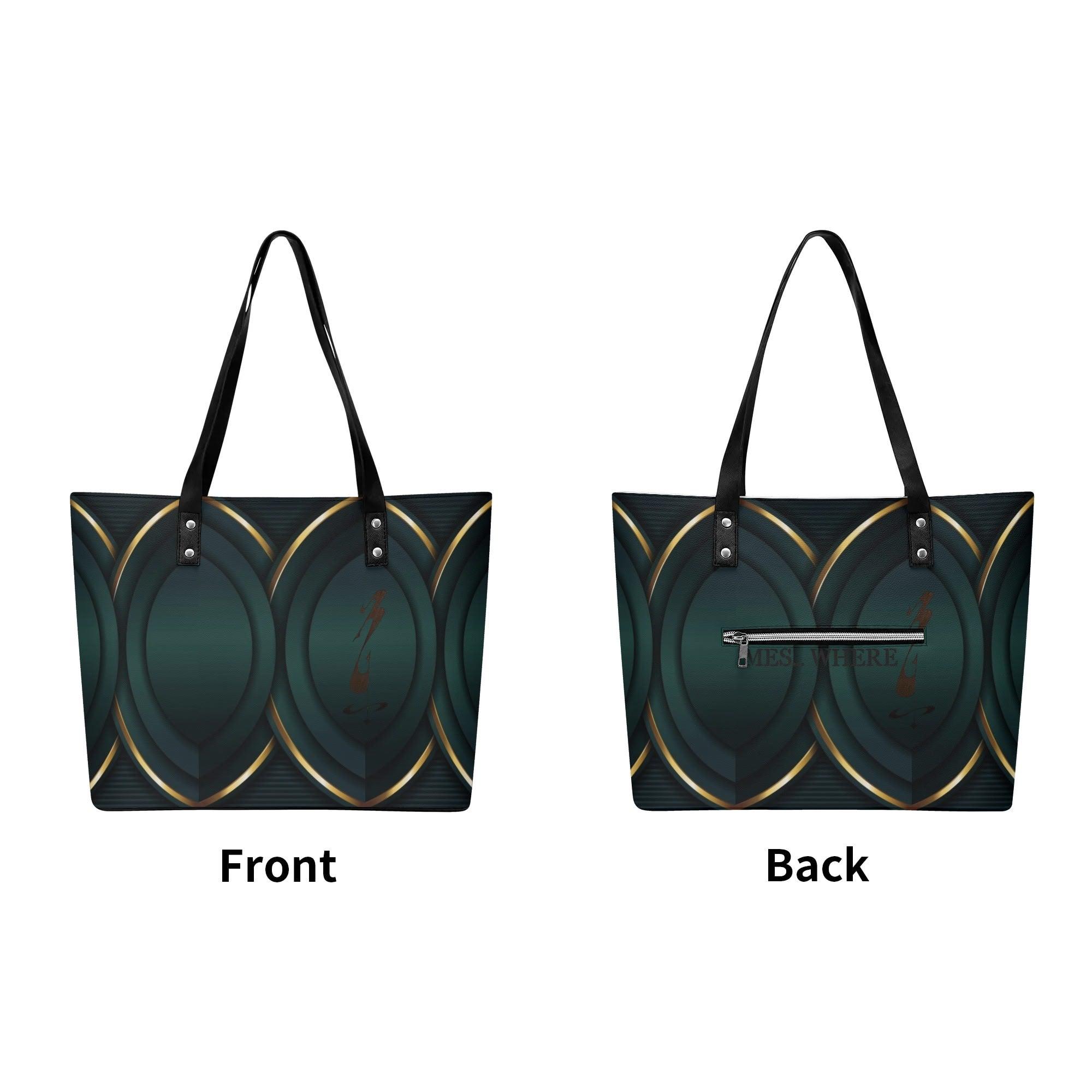 Women's Leather Tote Bag with Front Zipper Pocket - MES...Where