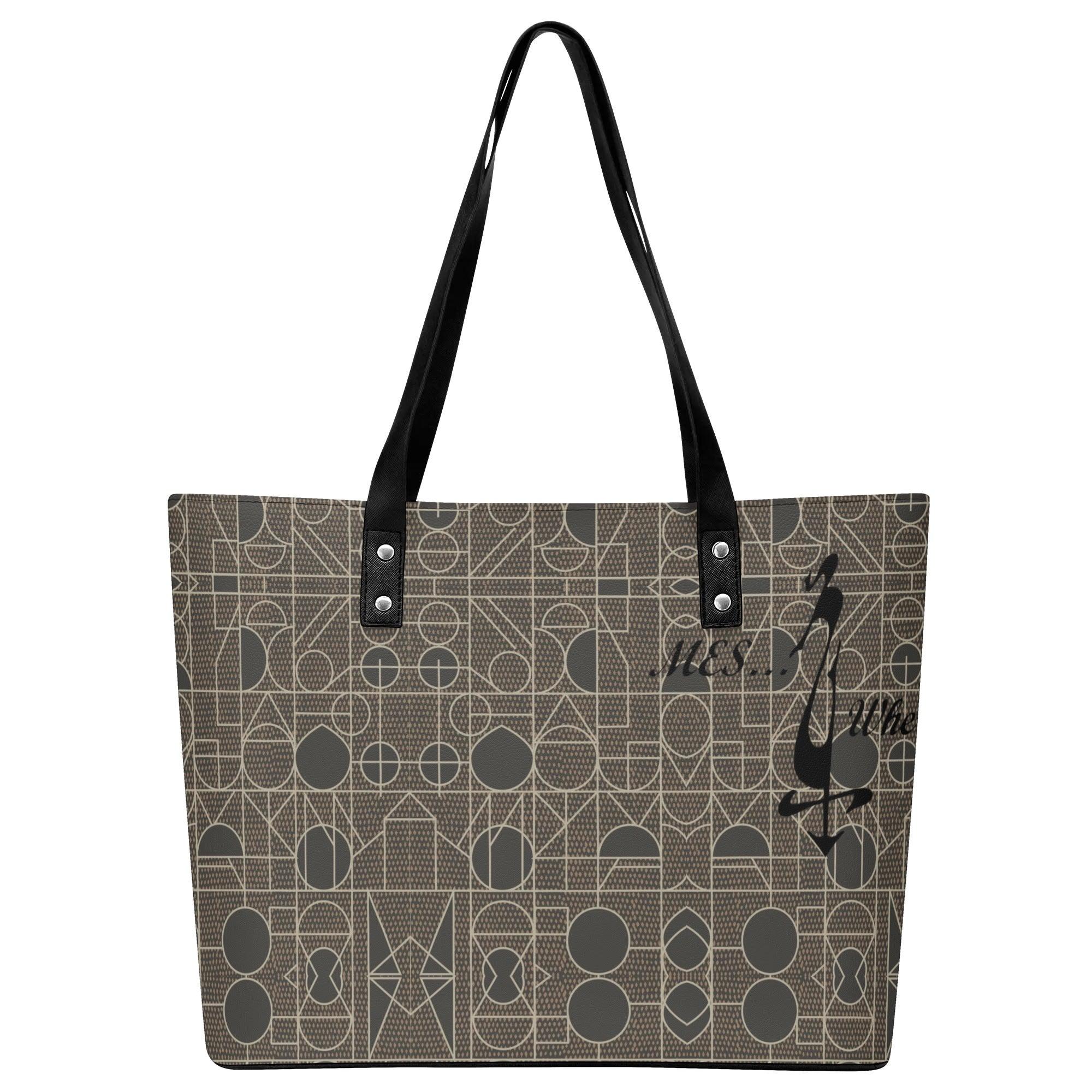 Women's Leather Tote Bag with Front Zipper Pocket - MES...Where