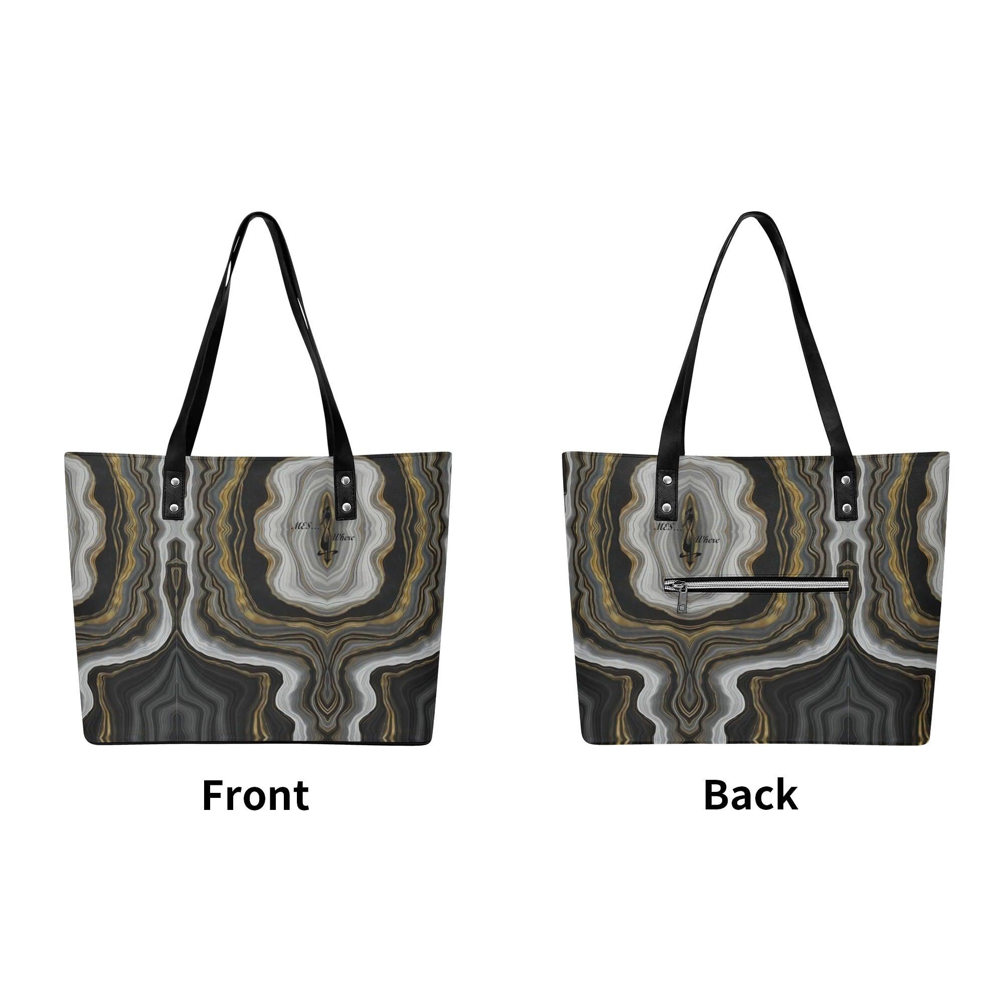 Women's Leather Tote Bag with Front Zipper Pocket - MES...Where