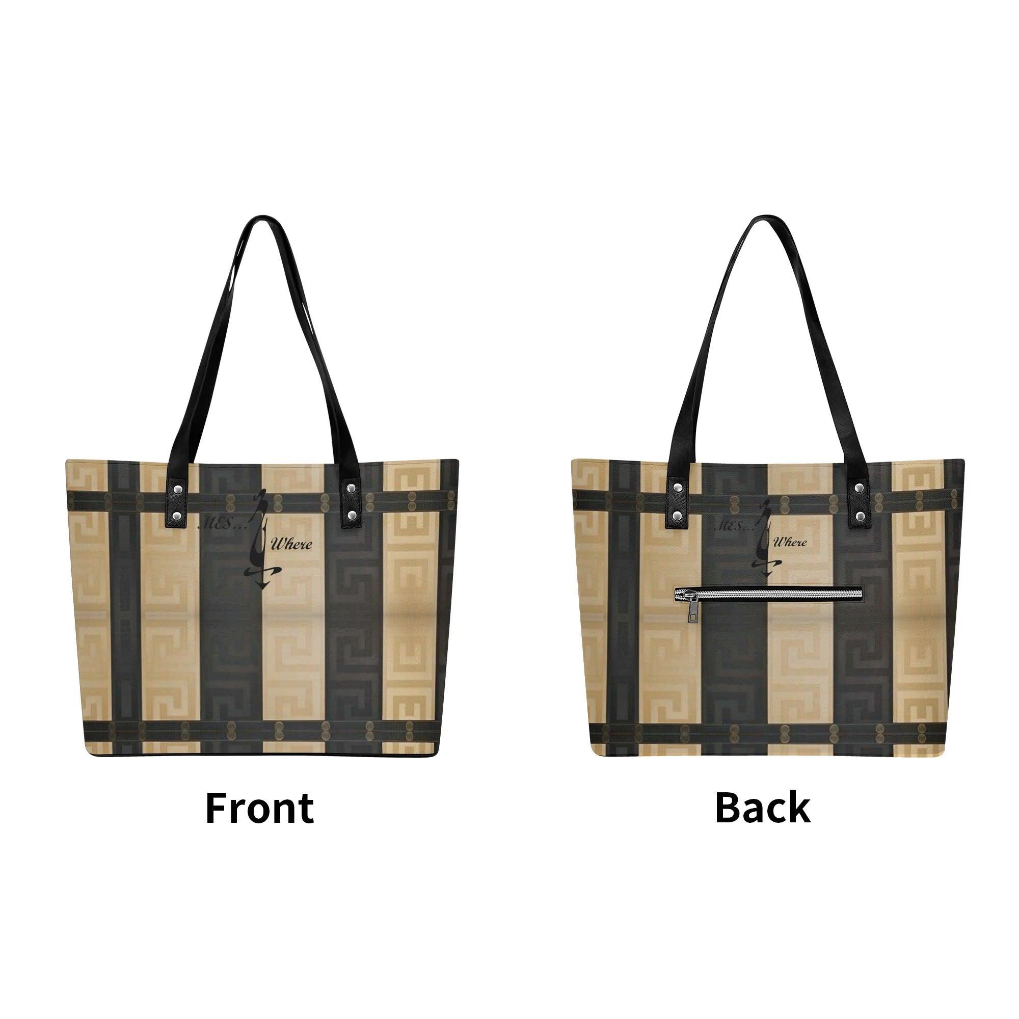 Women's Leather Tote Bag with Front Zipper Pocket - MES...Where