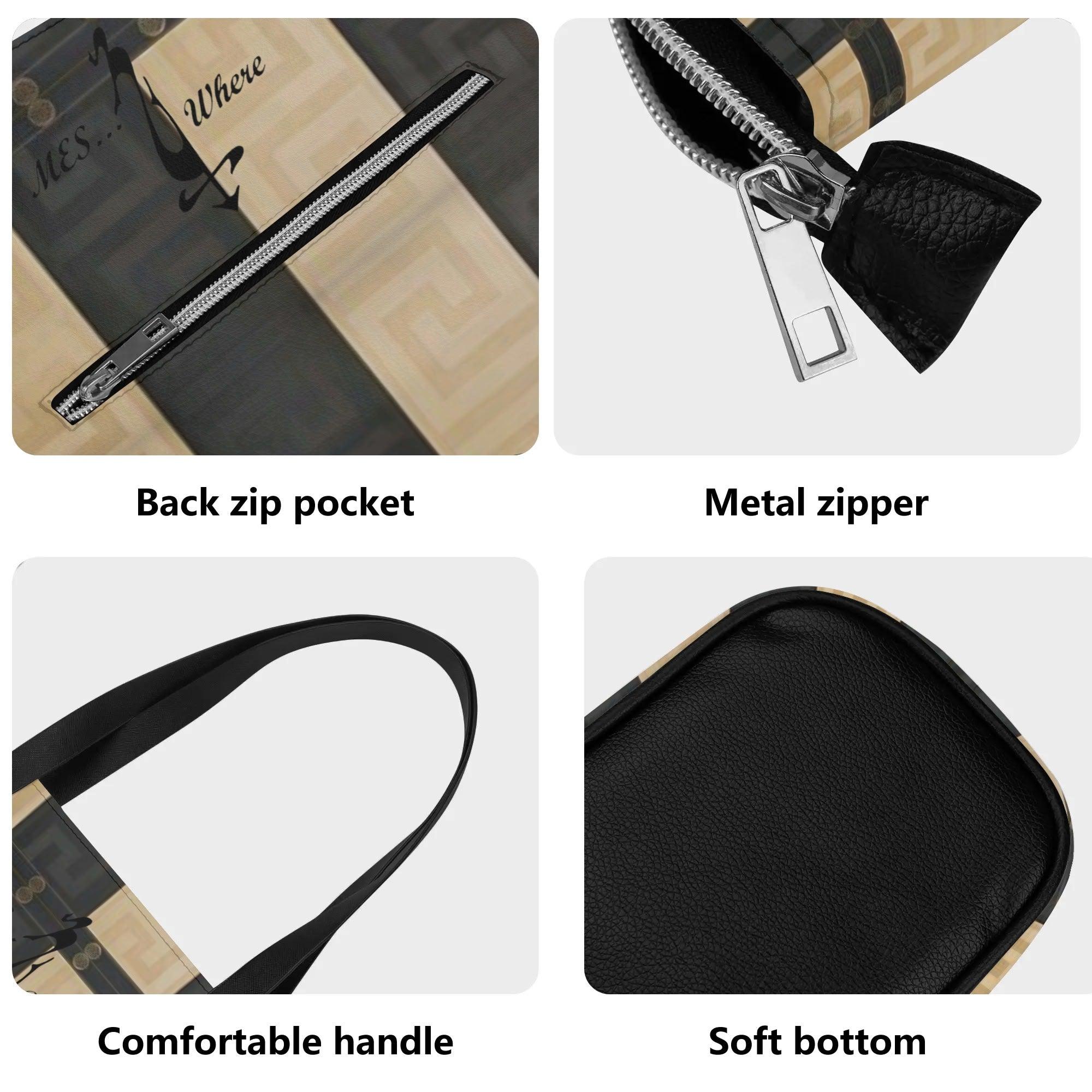 Women's Leather Tote Bag with Front Zipper Pocket - MES...Where