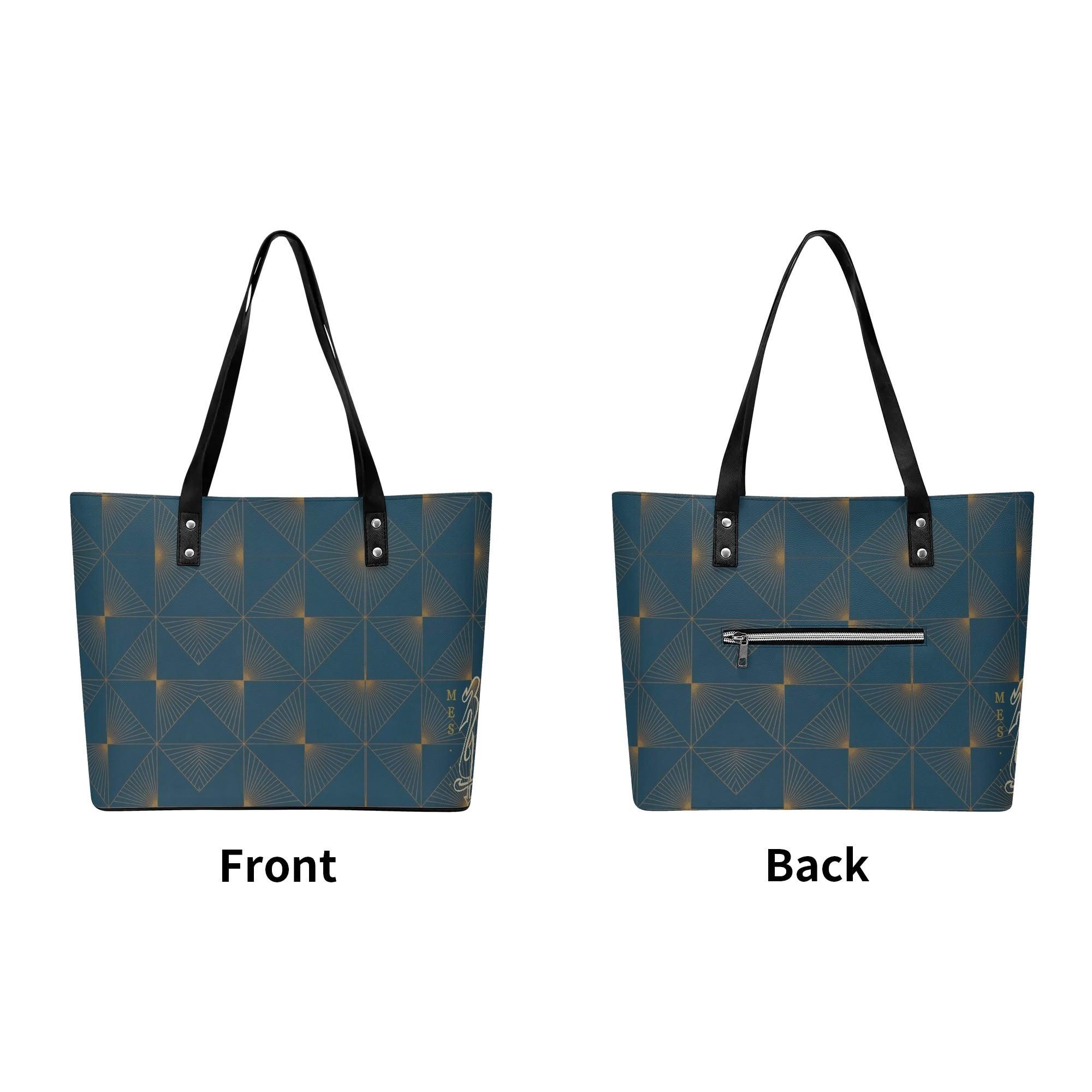 Women's Leather Tote Bag with Front Zipper Pocket - MES...Where