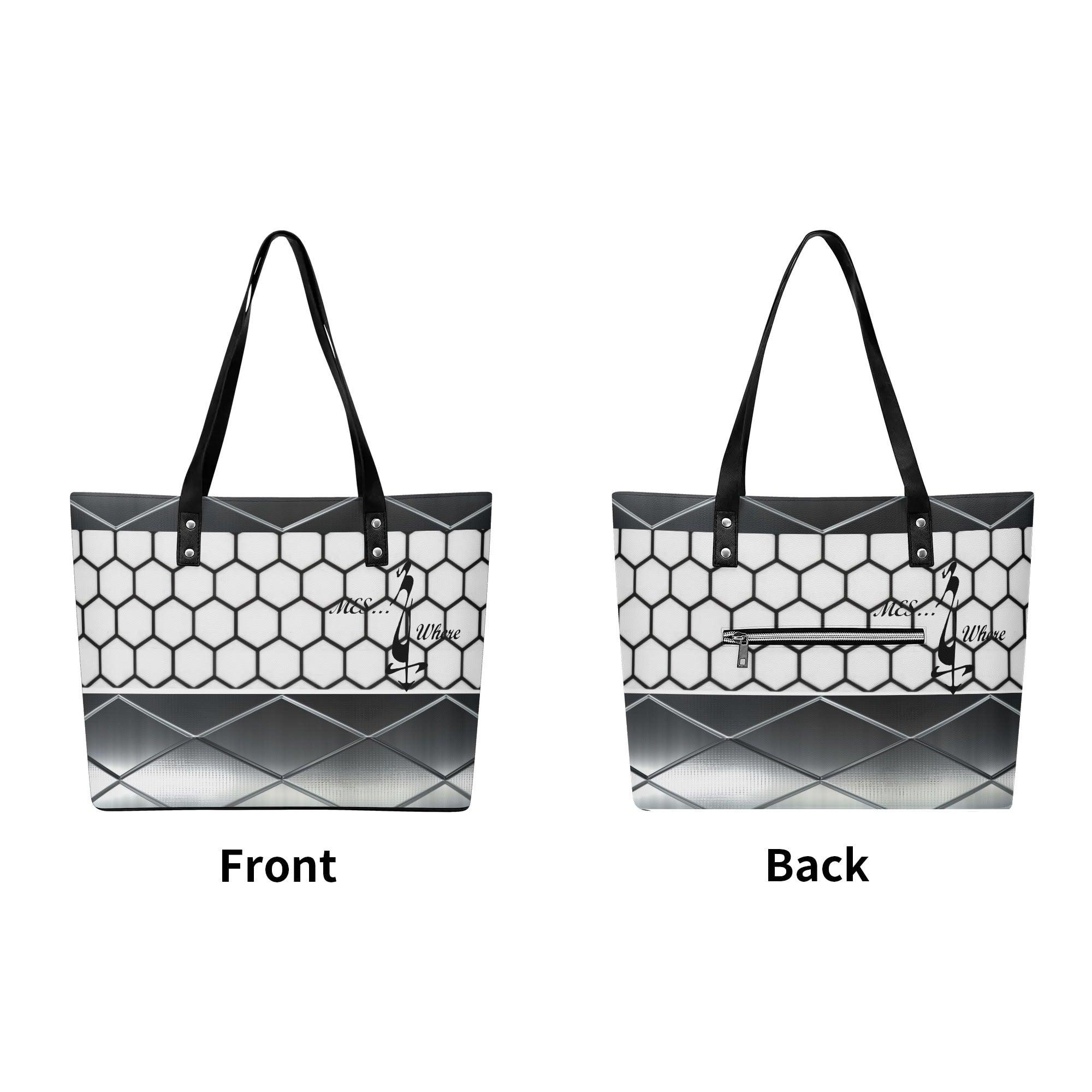 Women's Leather Tote Bag with Front Zipper Pocket - MES...Where