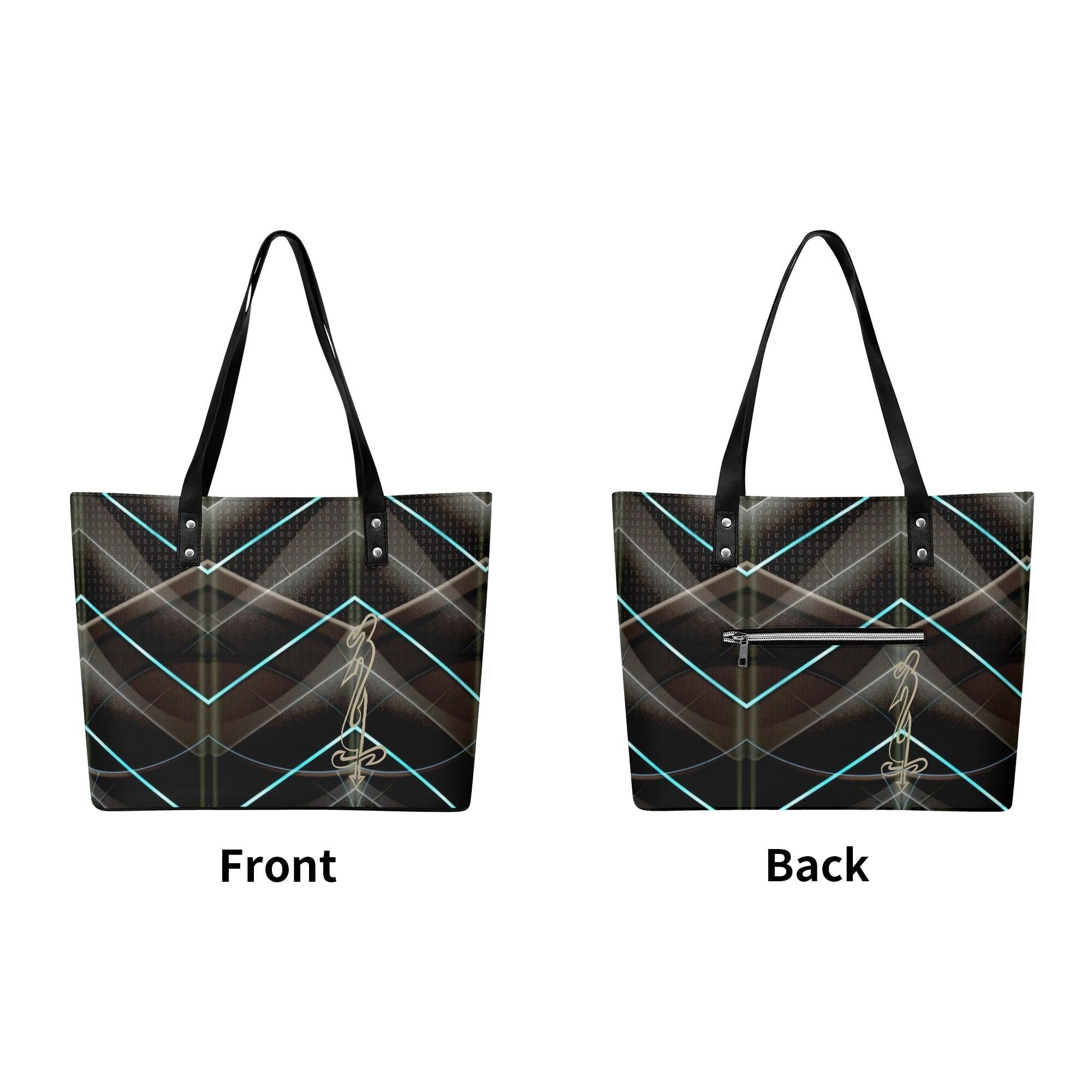 Women's Leather Tote Bag with Front Zipper Pocket - MES...Where