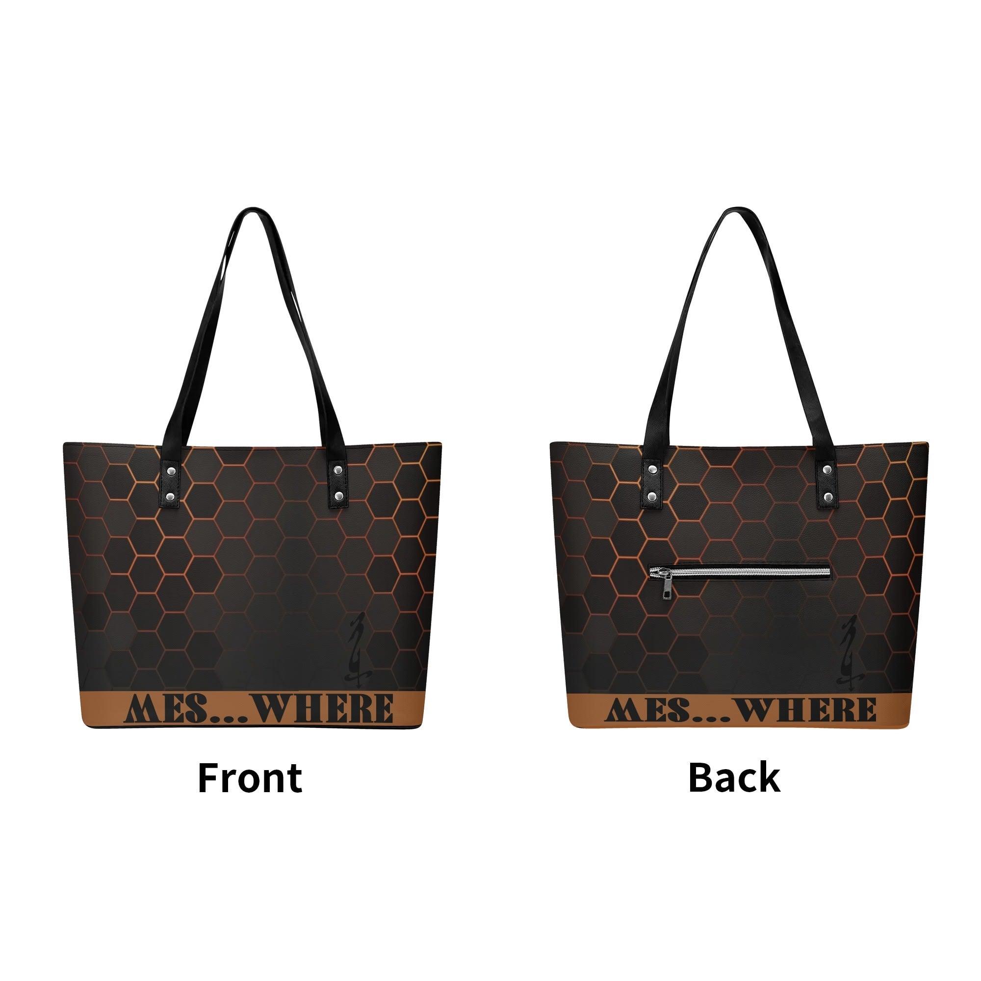 Women's Leather Tote Bag with Front Zipper Pocket - MES...Where