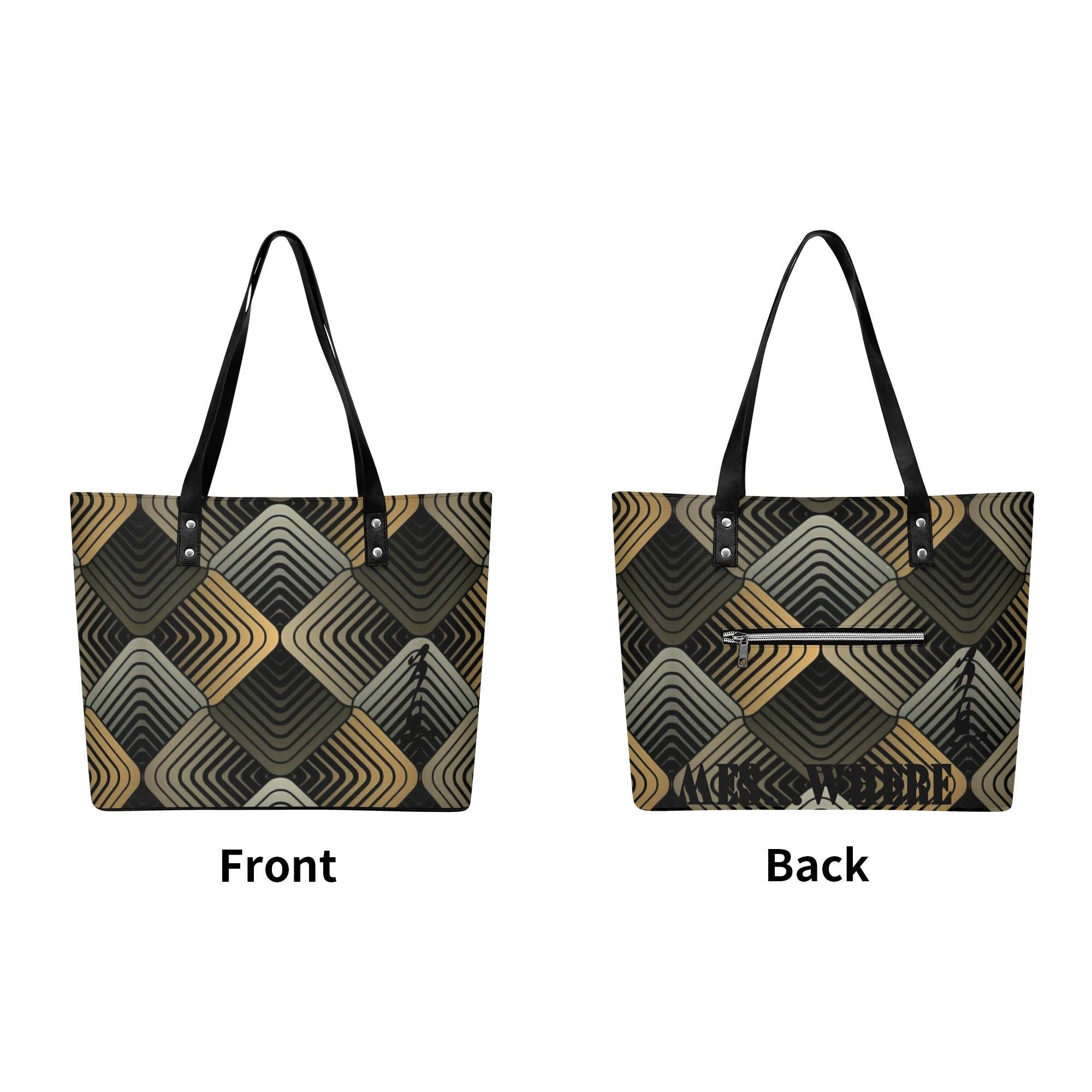 Women's Leather Tote Bag with Front Zipper Pocket - MES...Where