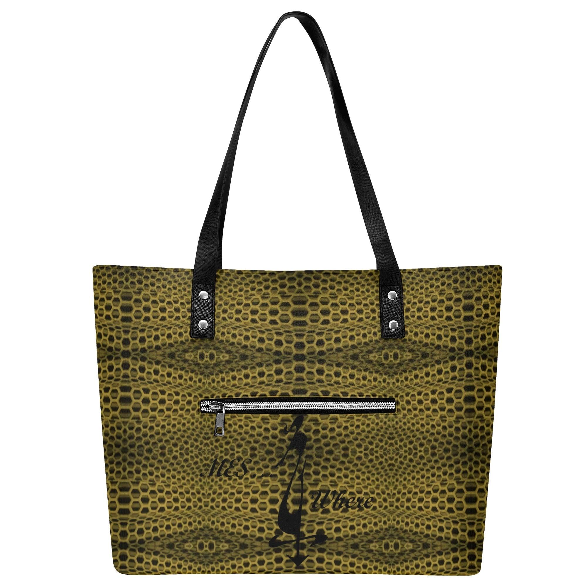 Women's Leather Tote Bag with Front Zipper Pocket - MES...Where