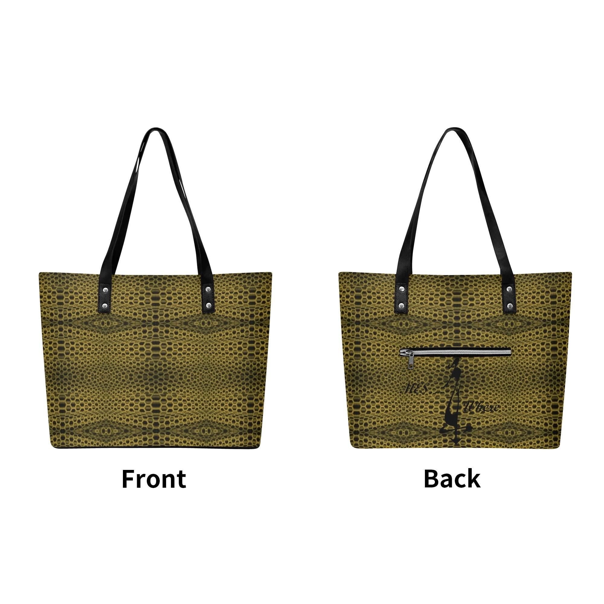 Women's Leather Tote Bag with Front Zipper Pocket - MES...Where