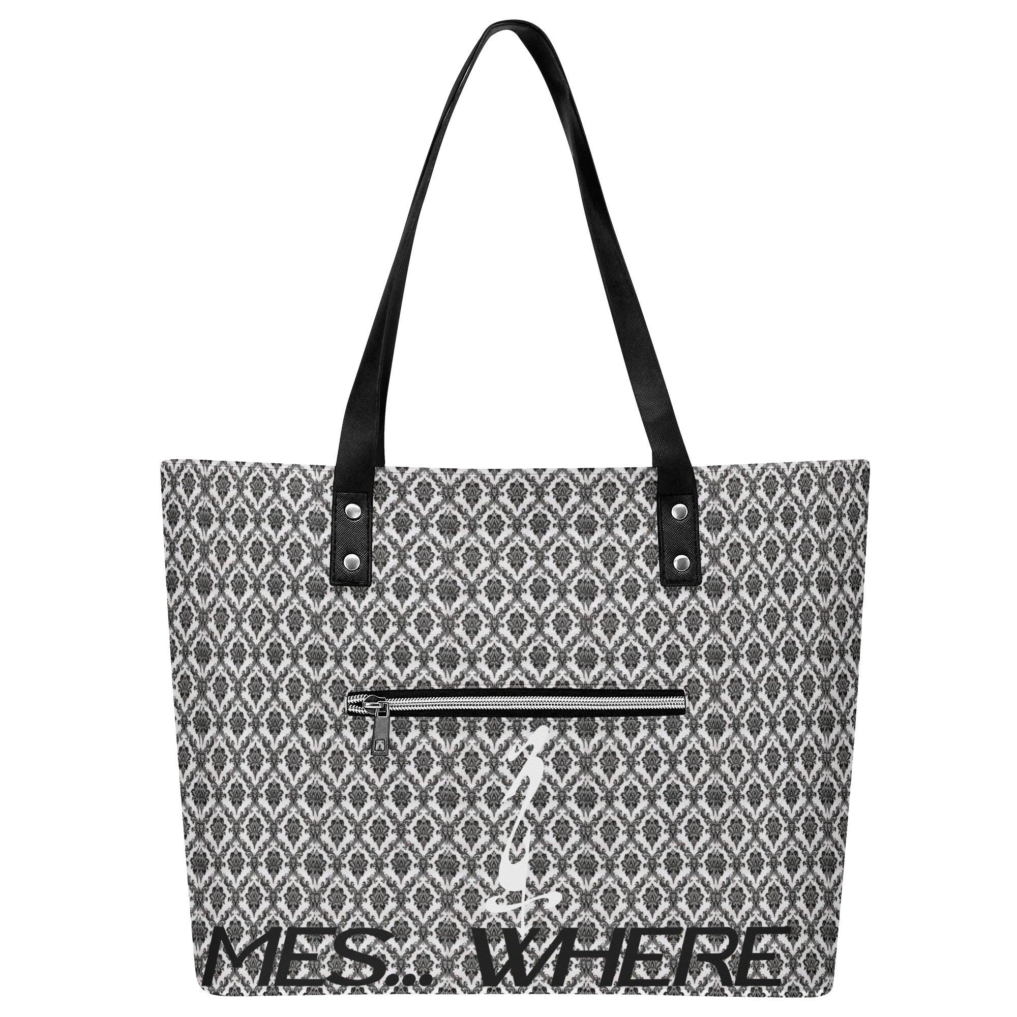 Women's Leather Tote Bag with Front Zipper Pocket - MES...Where