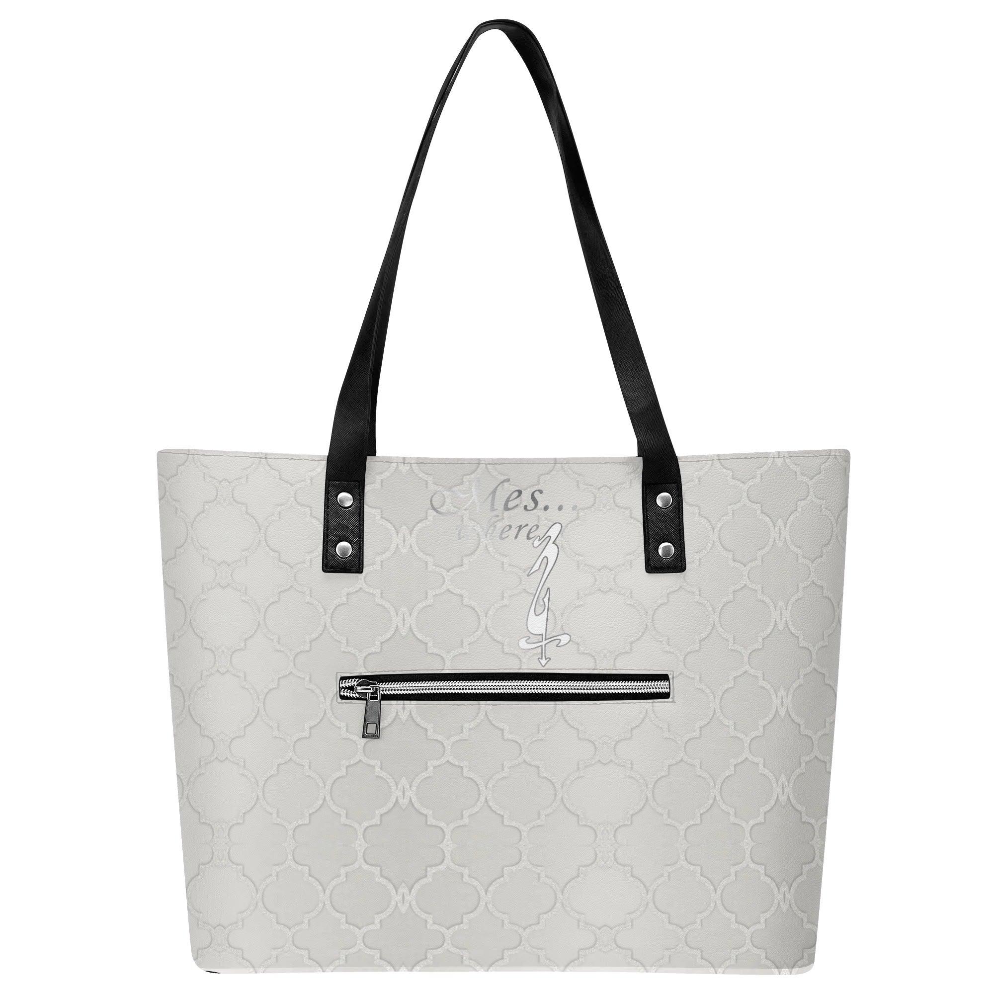 Women's Leather Tote Bag with Front Zipper Pocket - MES...Where
