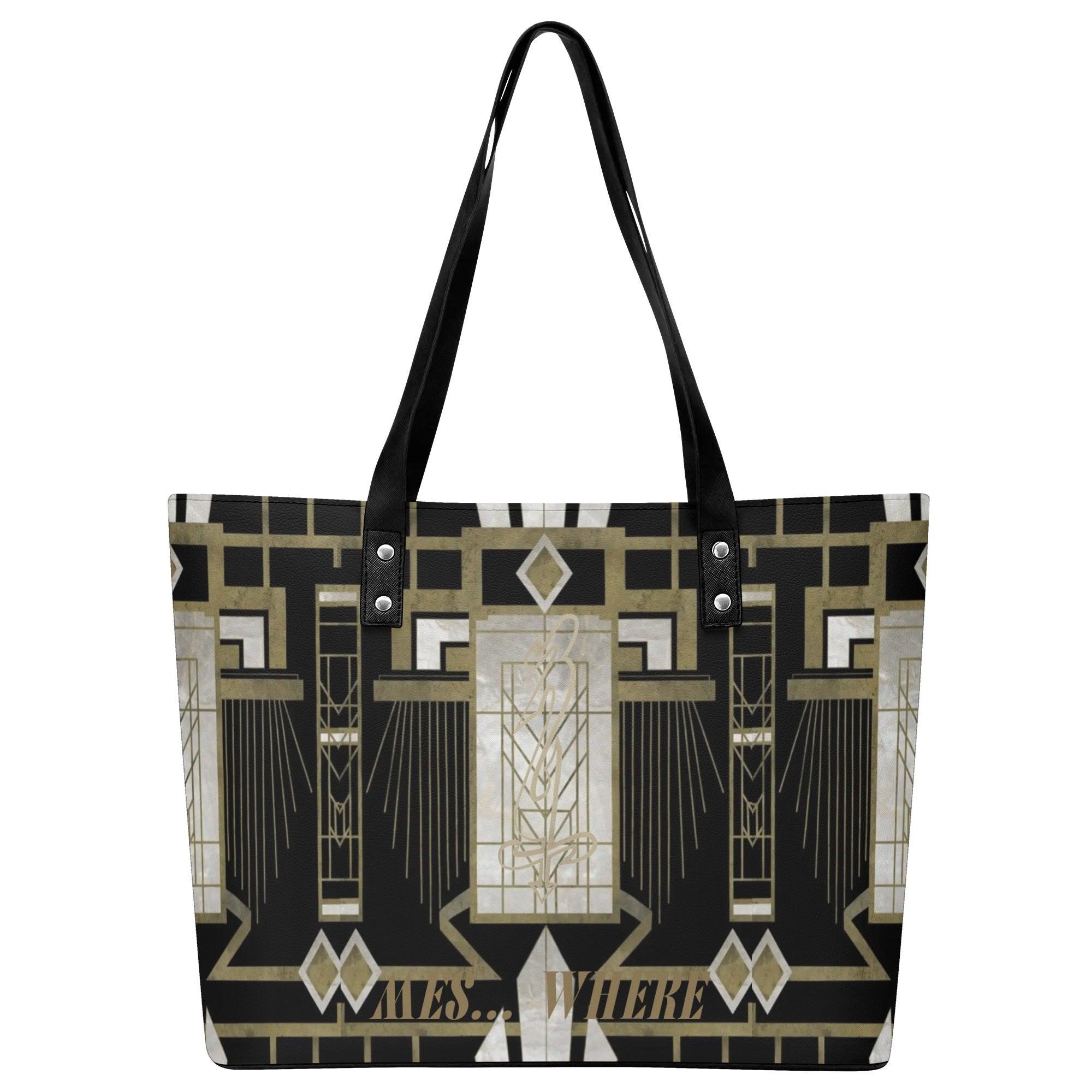 Women's Leather Tote Bag with Front Zipper Pocket - MES...Where