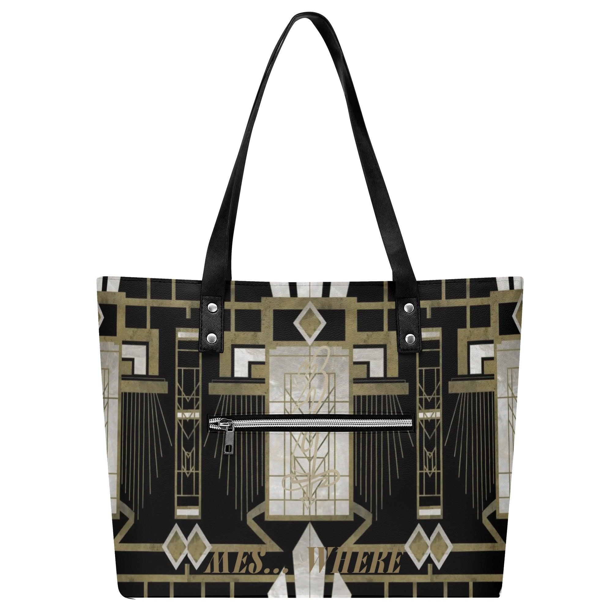 Women's Leather Tote Bag with Front Zipper Pocket - MES...Where