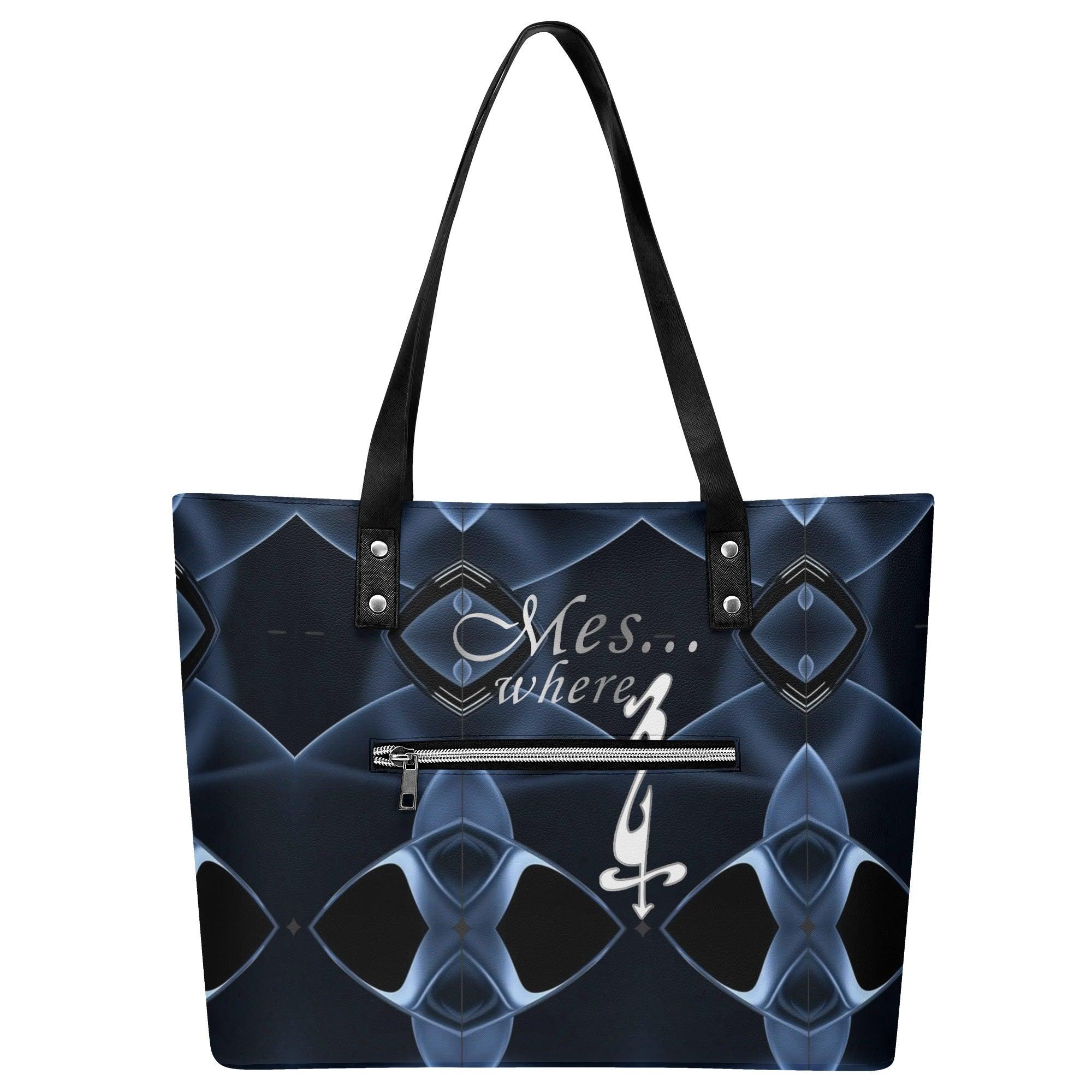 Women's Leather Tote Bag with Front Zipper Pocket - MES...Where