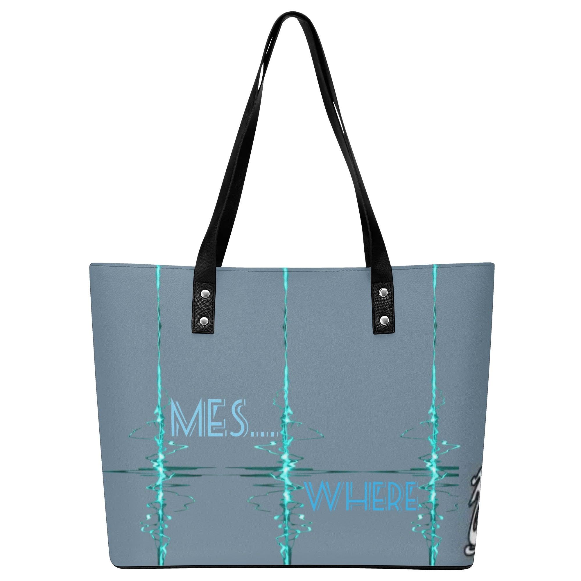 Women's Leather Tote Bag with Front Zipper Pocket - MES...Where