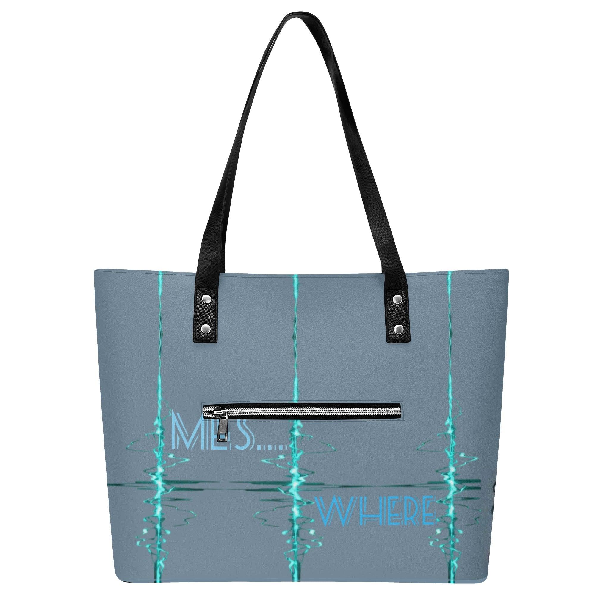 Women's Leather Tote Bag with Front Zipper Pocket - MES...Where