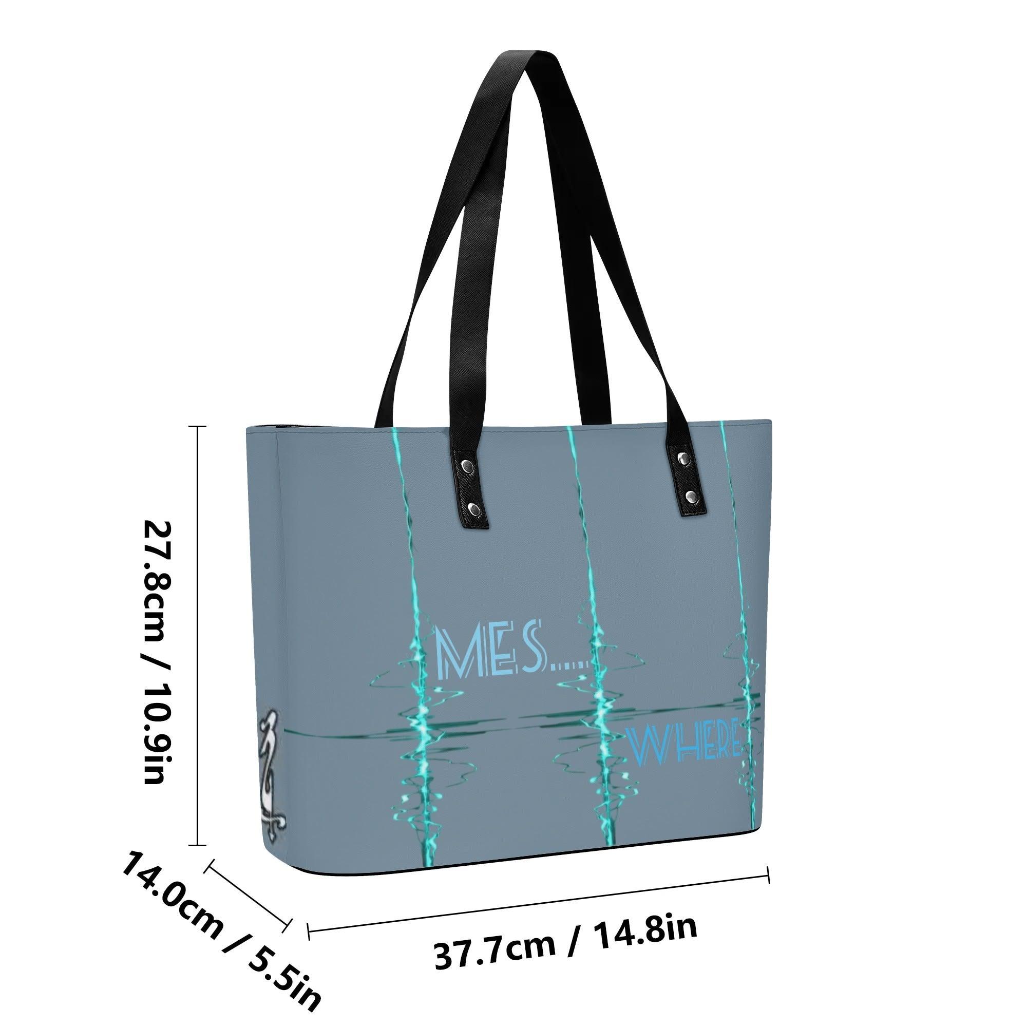 Women's Leather Tote Bag with Front Zipper Pocket - MES...Where