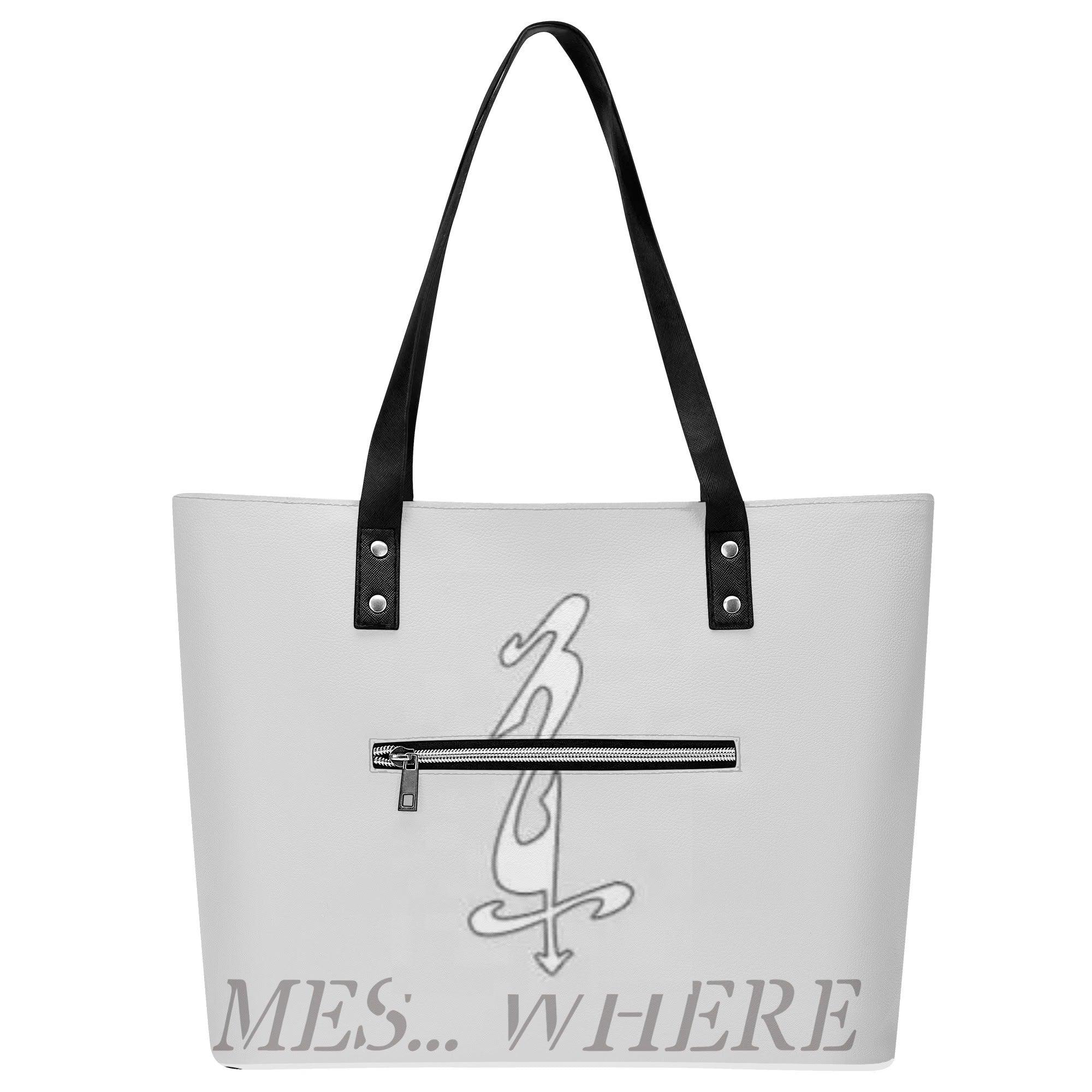 Women's Leather Tote Bag with Front Zipper Pocket - MES...Where