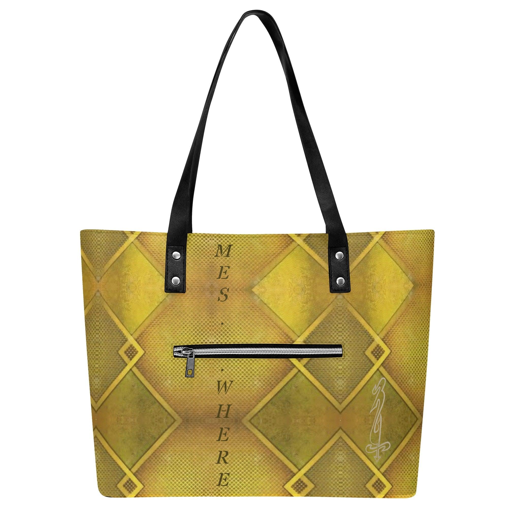 Women's Leather Tote Bag with Front Zipper Pocket - MES...Where
