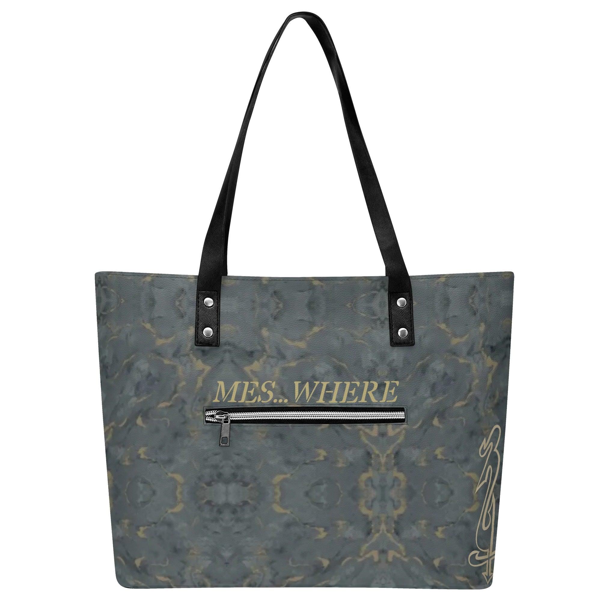 Women's Leather Tote Bag with Front Zipper Pocket - MES...Where