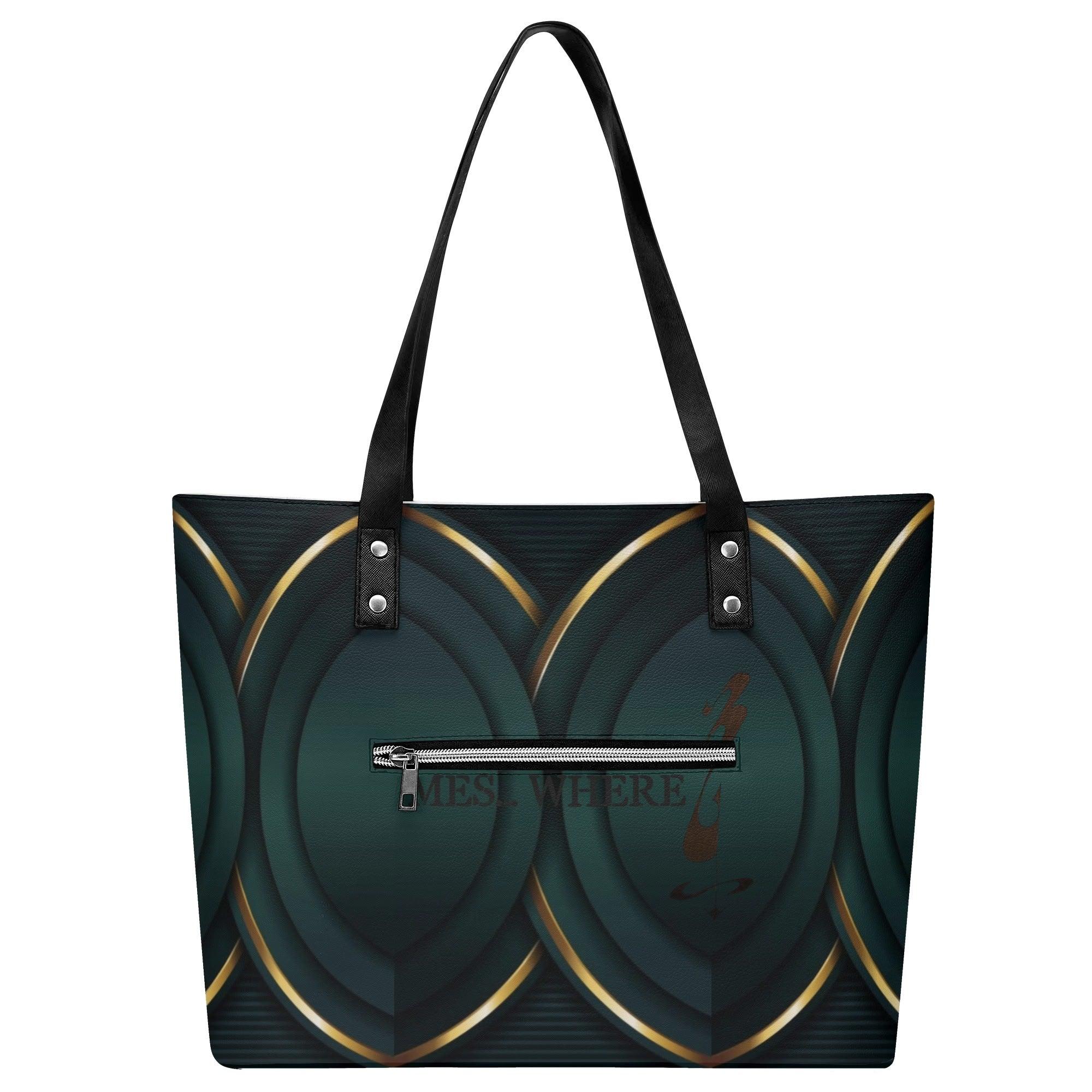 Women's Leather Tote Bag with Front Zipper Pocket - MES...Where
