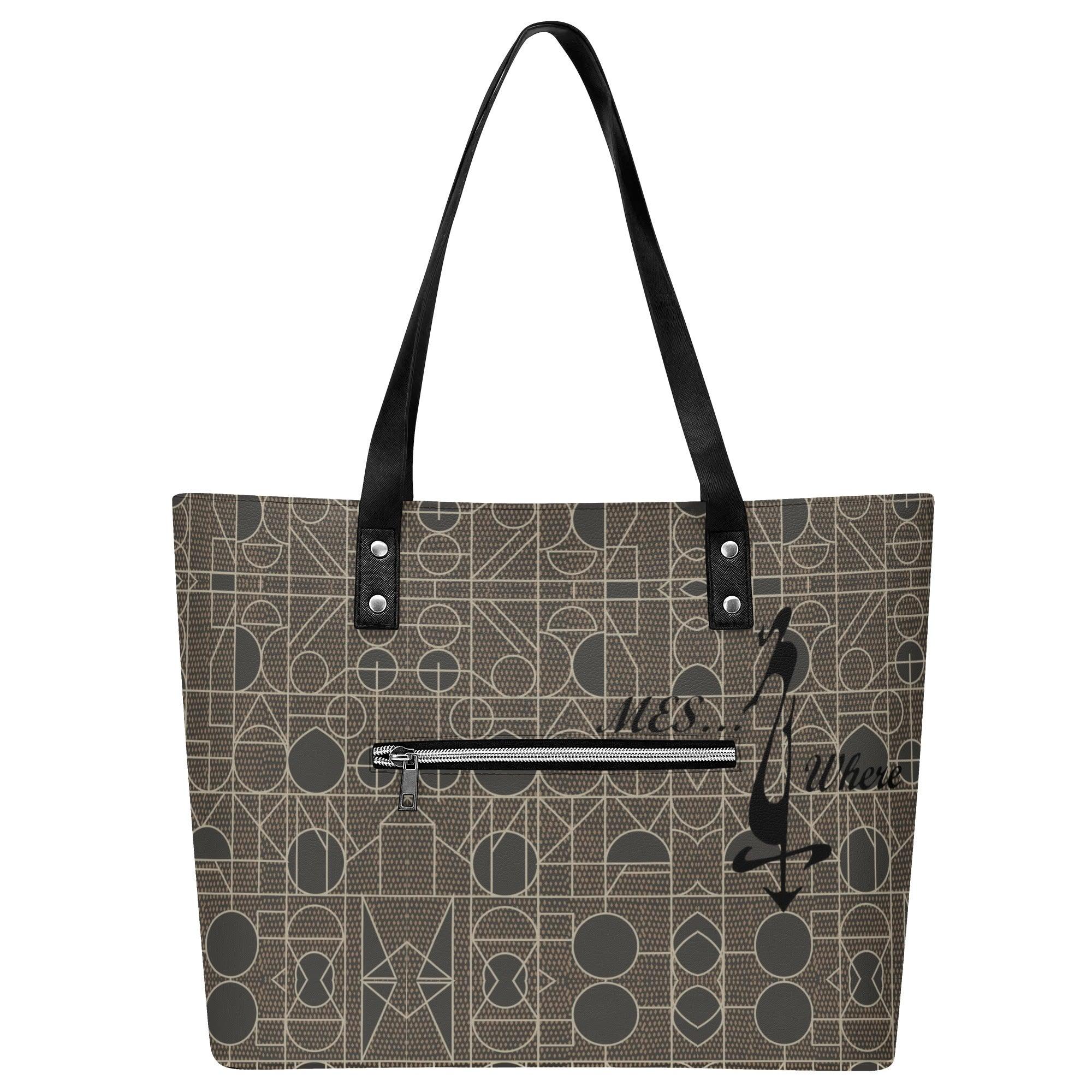Women's Leather Tote Bag with Front Zipper Pocket - MES...Where