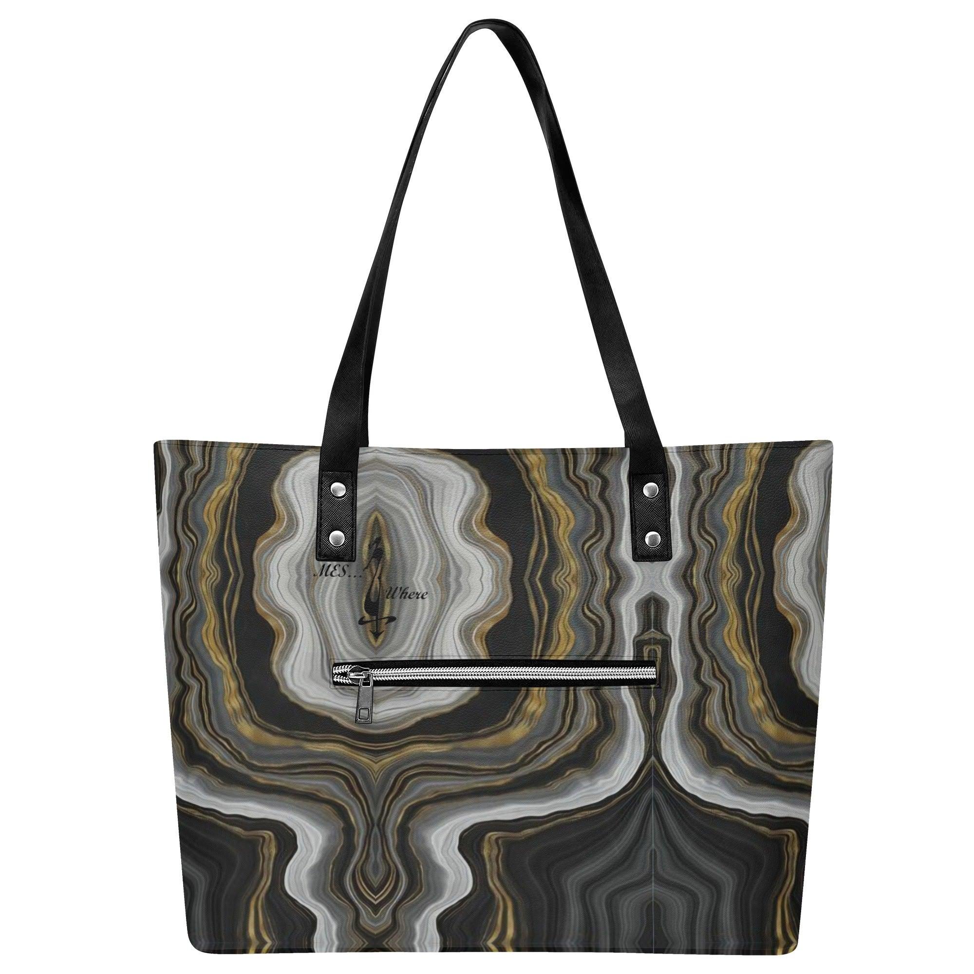 Women's Leather Tote Bag with Front Zipper Pocket - MES...Where