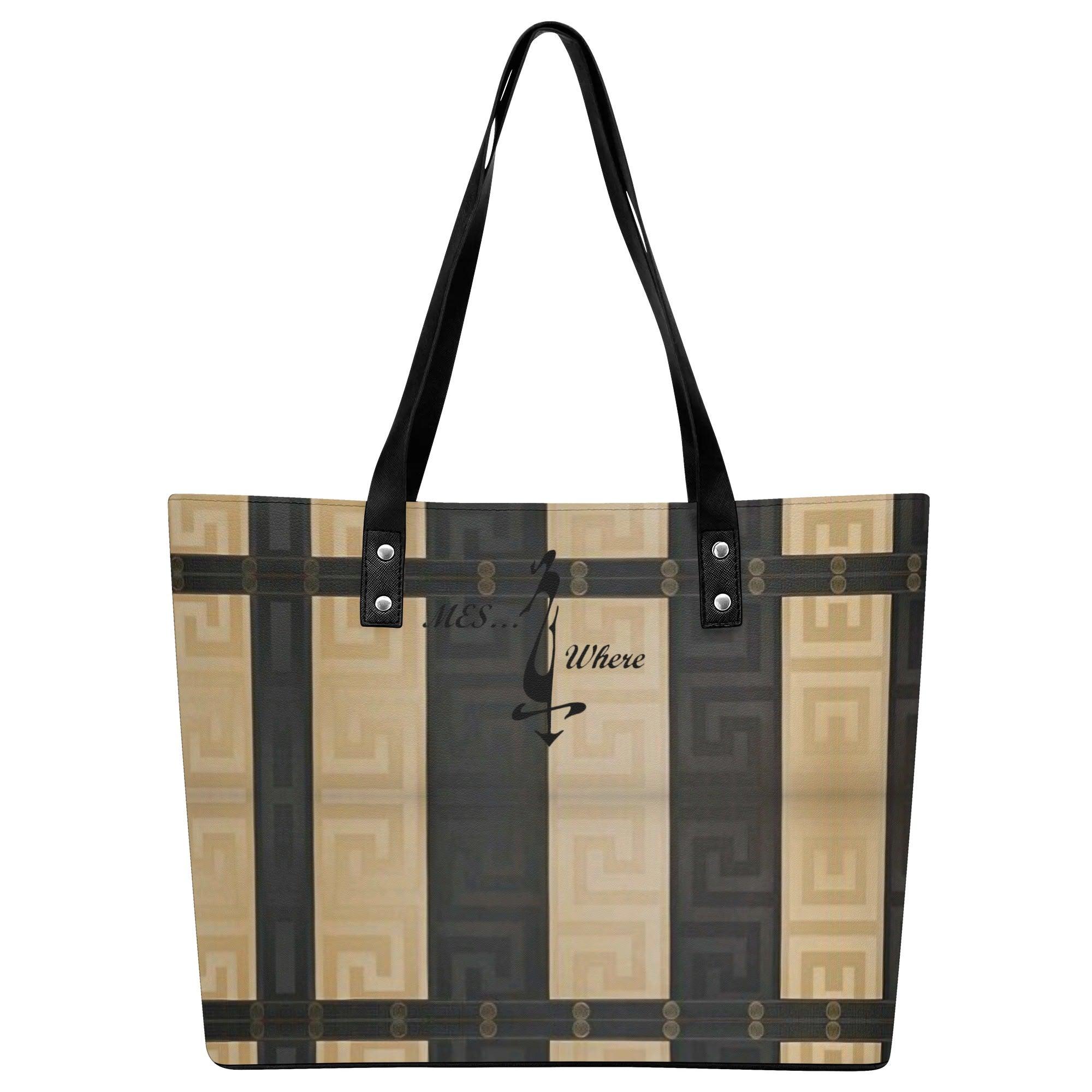 Women's Leather Tote Bag with Front Zipper Pocket - MES...Where