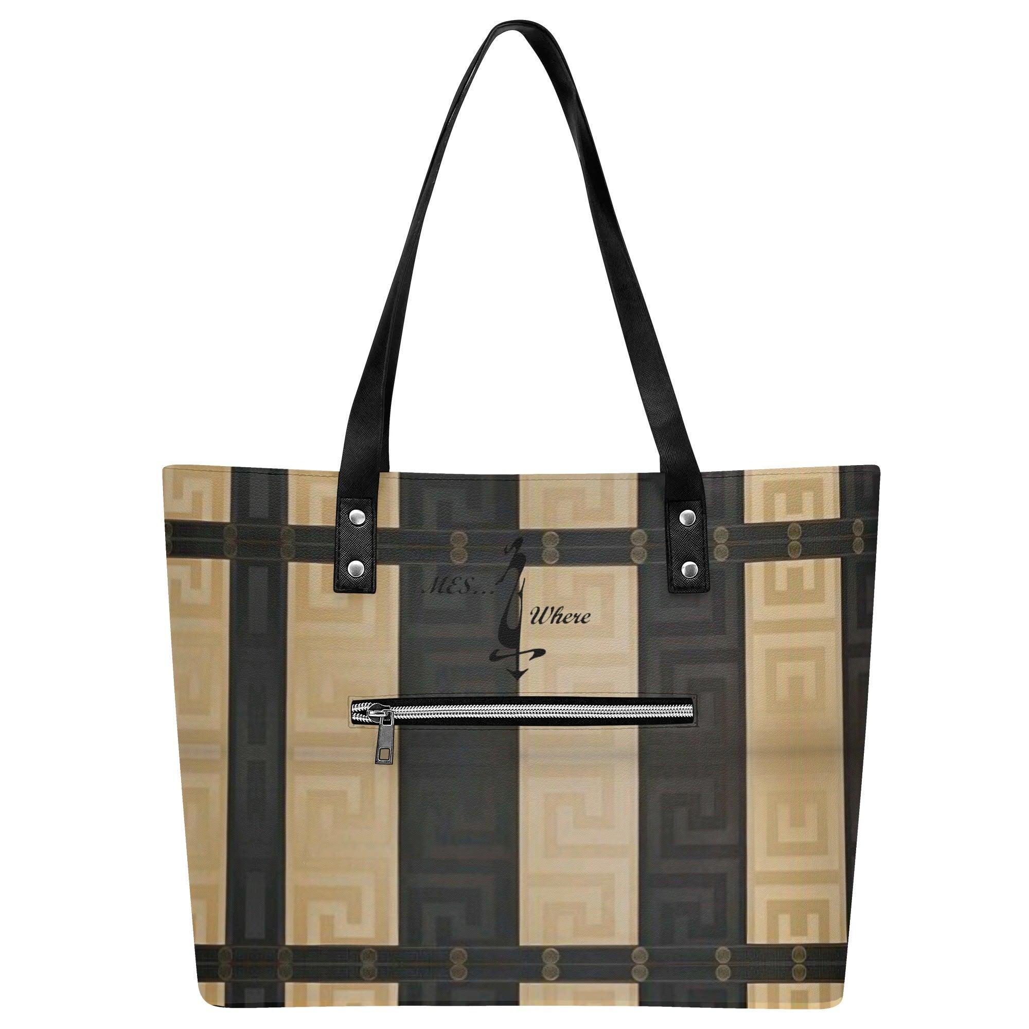 Women's Leather Tote Bag with Front Zipper Pocket - MES...Where