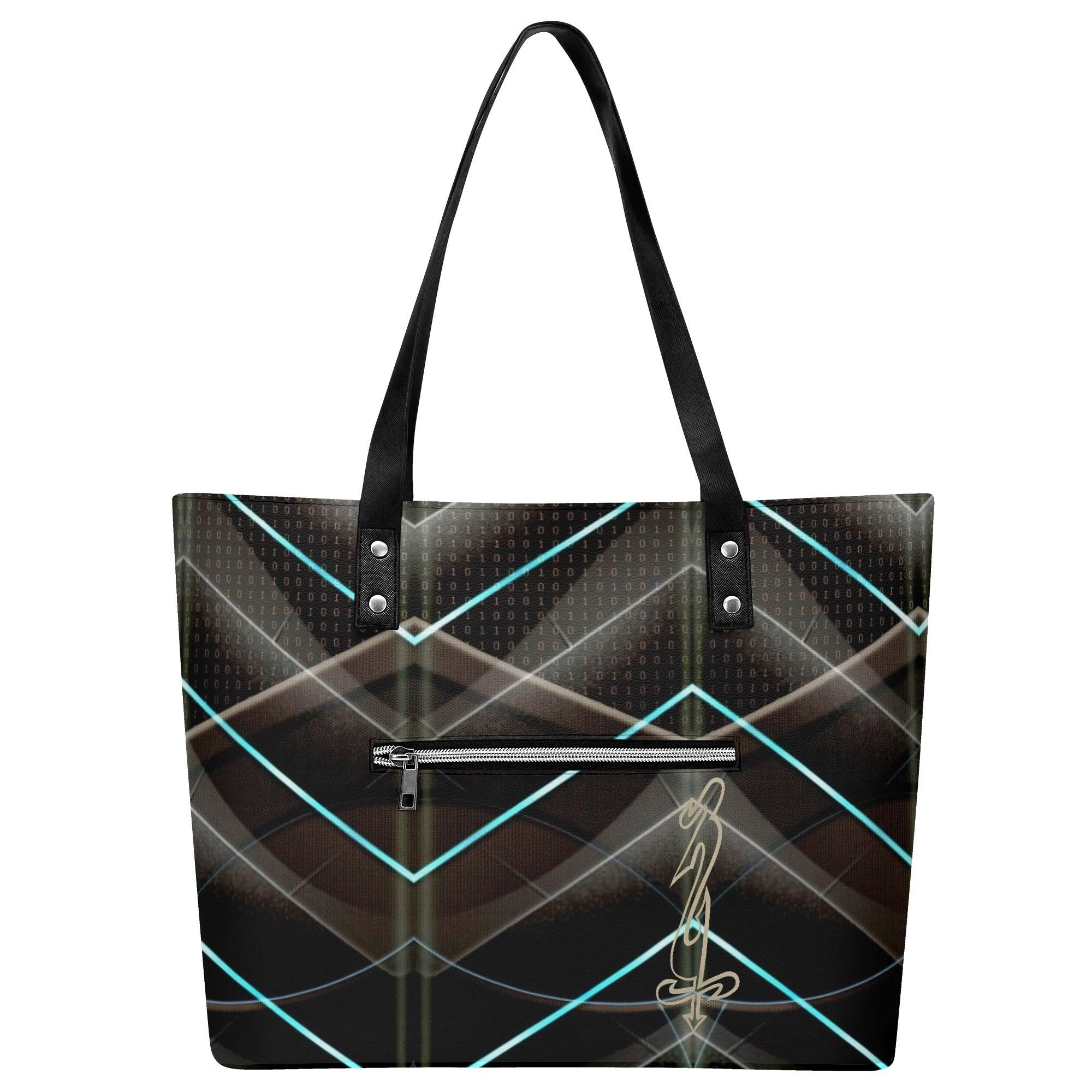 Women's Leather Tote Bag with Front Zipper Pocket - MES...Where