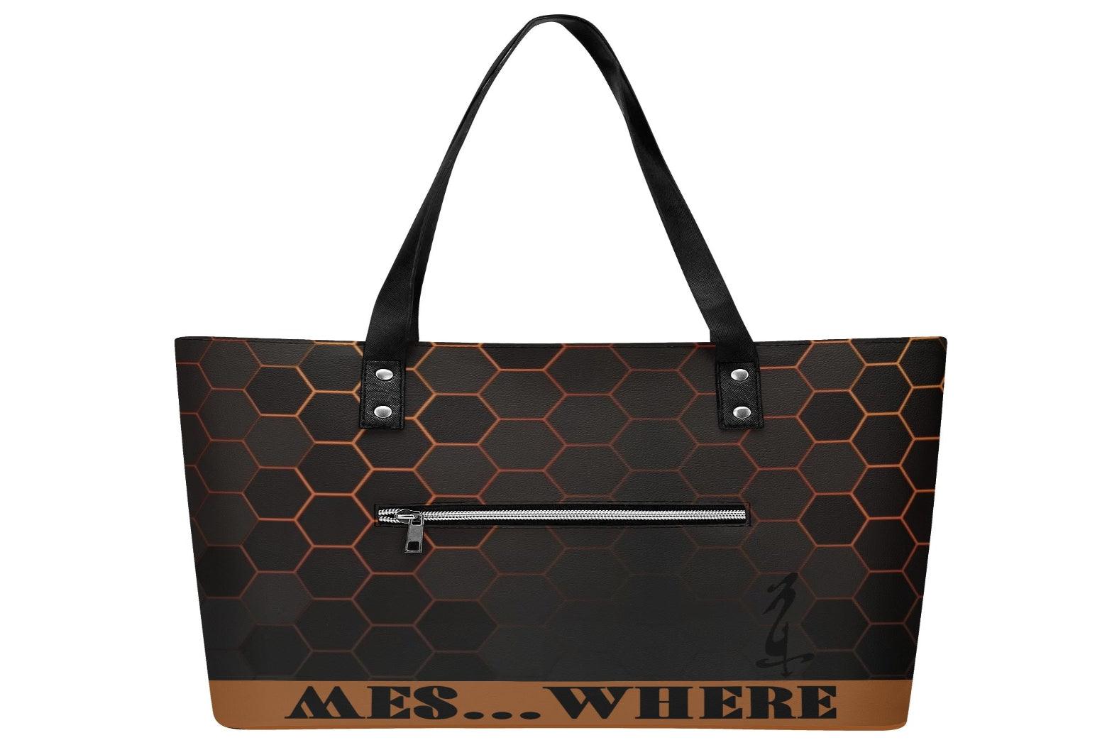 Women's Leather Tote Bag with Front Zipper Pocket - MES...Where